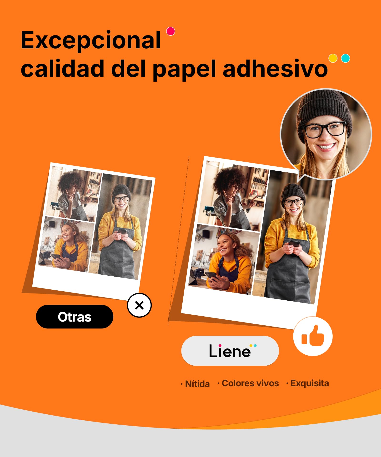 Liene Amber M110 & M210 Adhesivo Original : 40 Hojas de Papel Fotográfico Cuadrado 7,7 cm + 1 Cinta, Adhesivo Instantáneo, Resistente al Agua y las Huellas, Compatible Exclusivamente con DHP514/DHP515