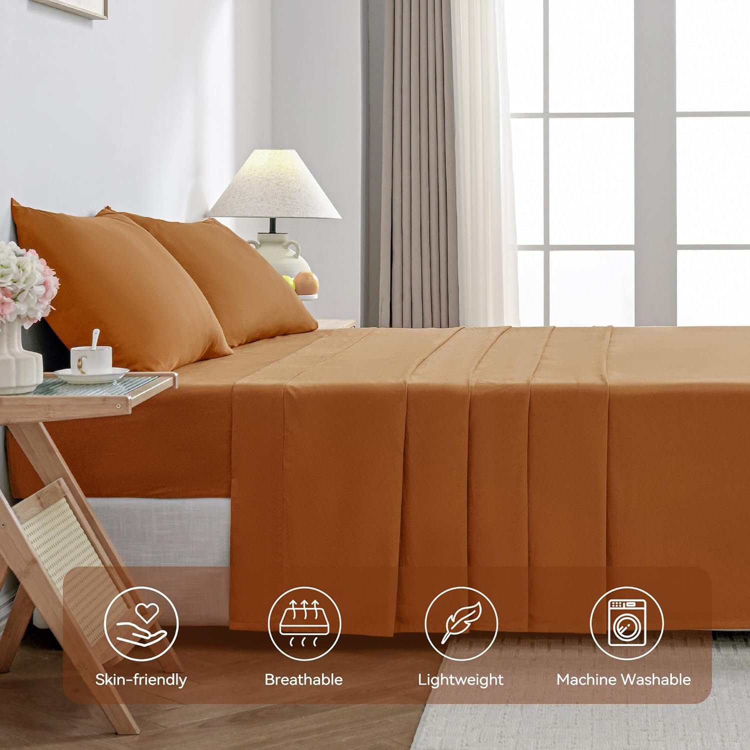 JELLYMONI Sheet Set King Size 4pcs Cotton Caramel Easy-Fit 16 Inch Deep Pocket 100% Washed Cotton Soft Breathable (1 Fitted Sheet, 1 Flat Sheet, 2 Pillowcases)