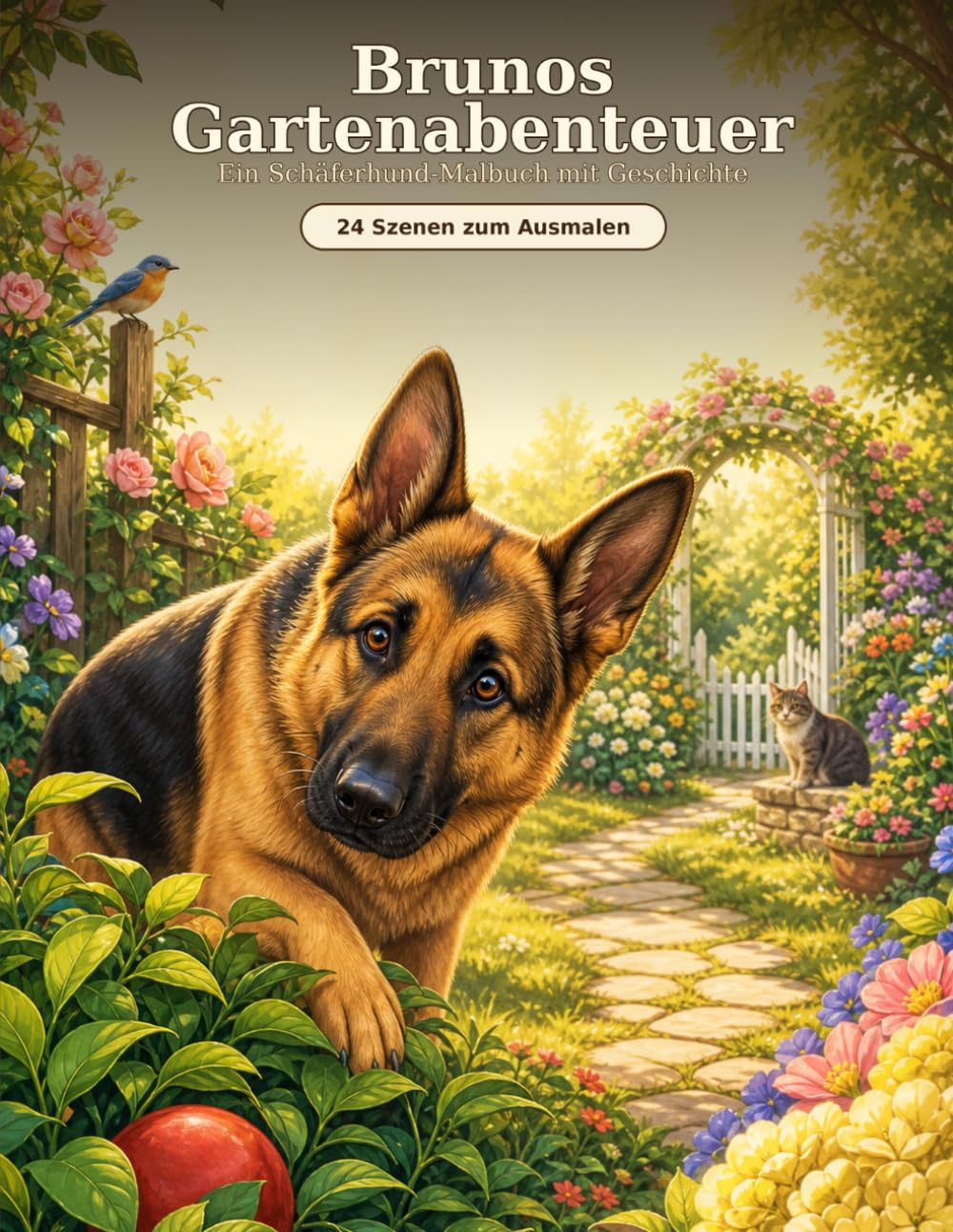 Brunos Gartenabenteuer: Ein Schäferhund-Malbuch mit Geschichte