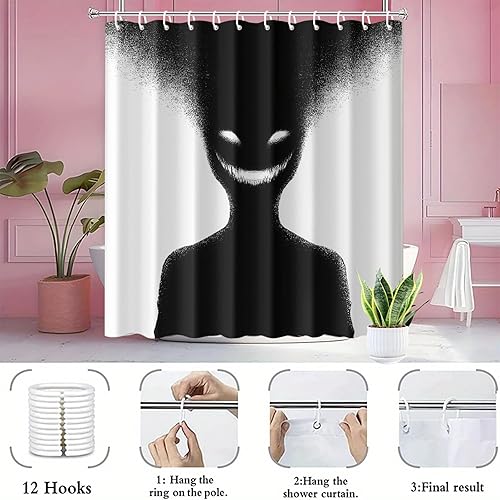 Miniatura 4 de Cortina de ducha espeluznante de 72 x 72 pulgadas con ganchos, diseño de silueta de cara sonriente de terror, decoración de baño con tema