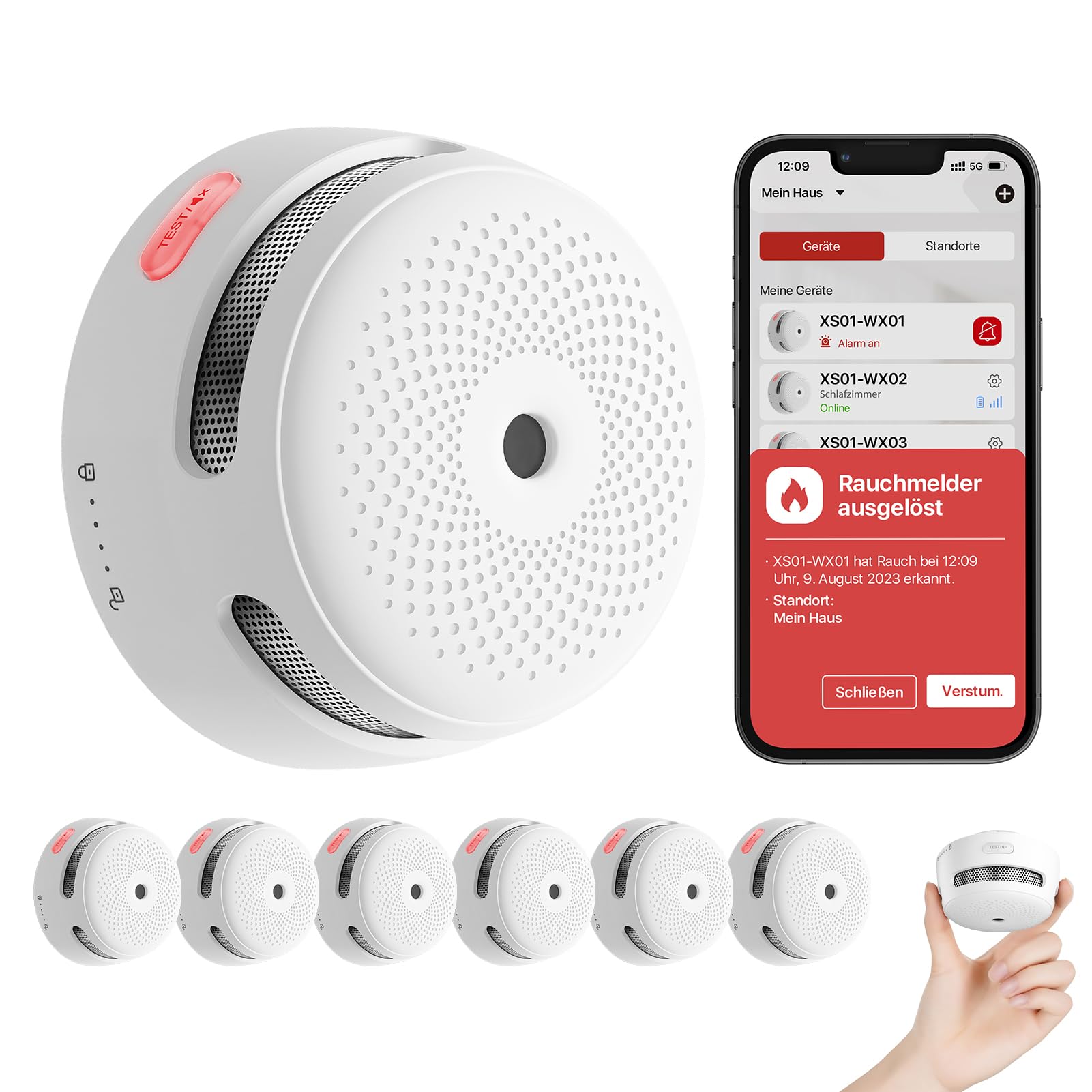 X-Sense Rauchmelder WLAN, entspricht der Norm EN14604, Rauchmelder Smart mit austauschbarer Batterie, Benachrichtigungen über die App, 6 Stück