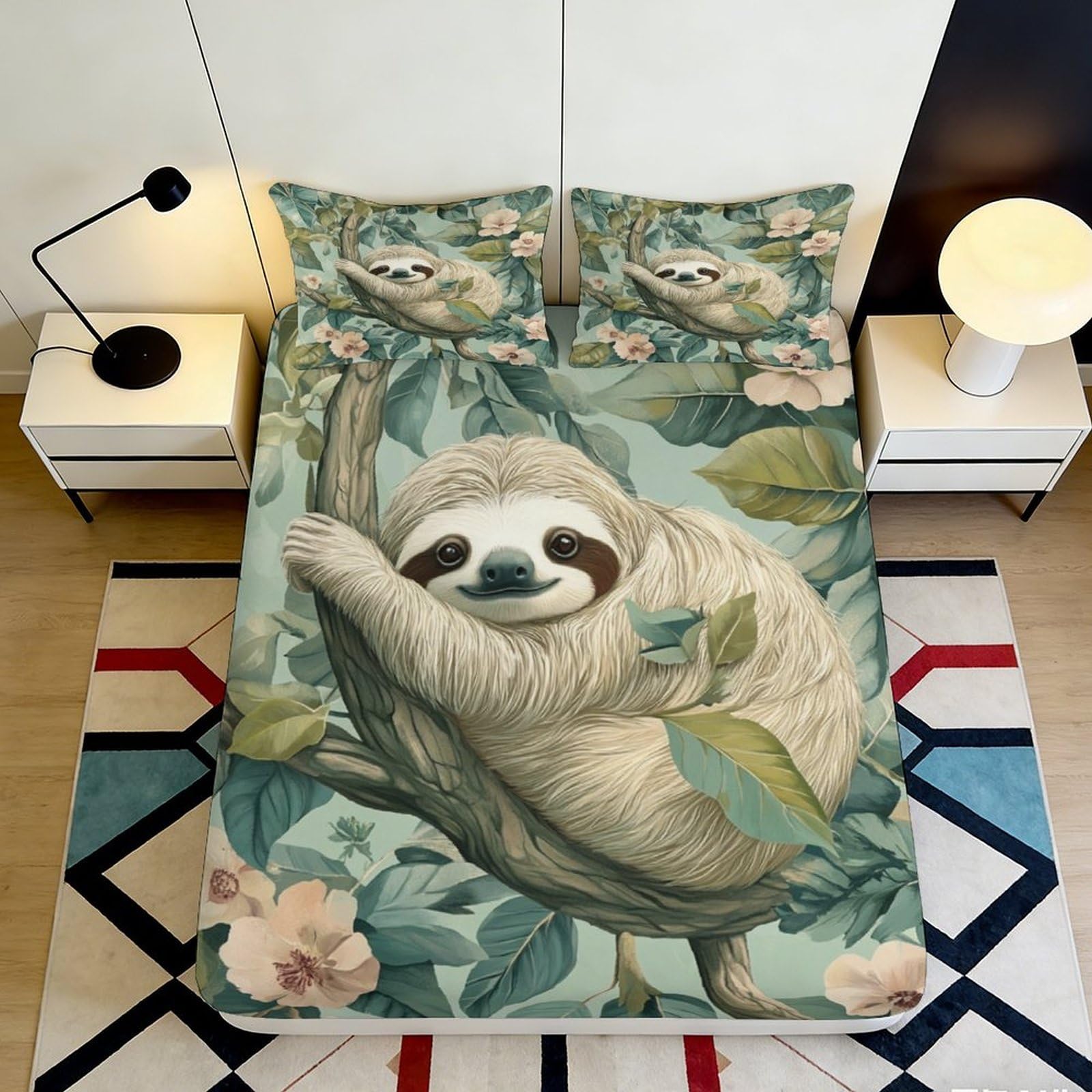 3D Printed Sloth Jungle Fitted Sheet Microfiber Anti-Slip Bed Cover for Bedroom Dorm Decor Machine Washable 90x200x25cm