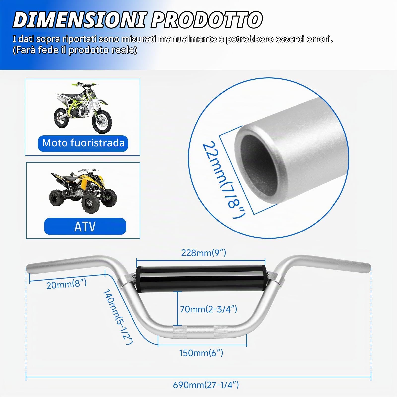 DREAMIZER Manubrio 7/8 di Pollice per Pit Bike - Manubrio Universale per Moto Da Fuoristrada con Parapetto Compatibile con YZF CRF RMZ KLX DRZ KXF EXC Motocross Enduro Quad ATV