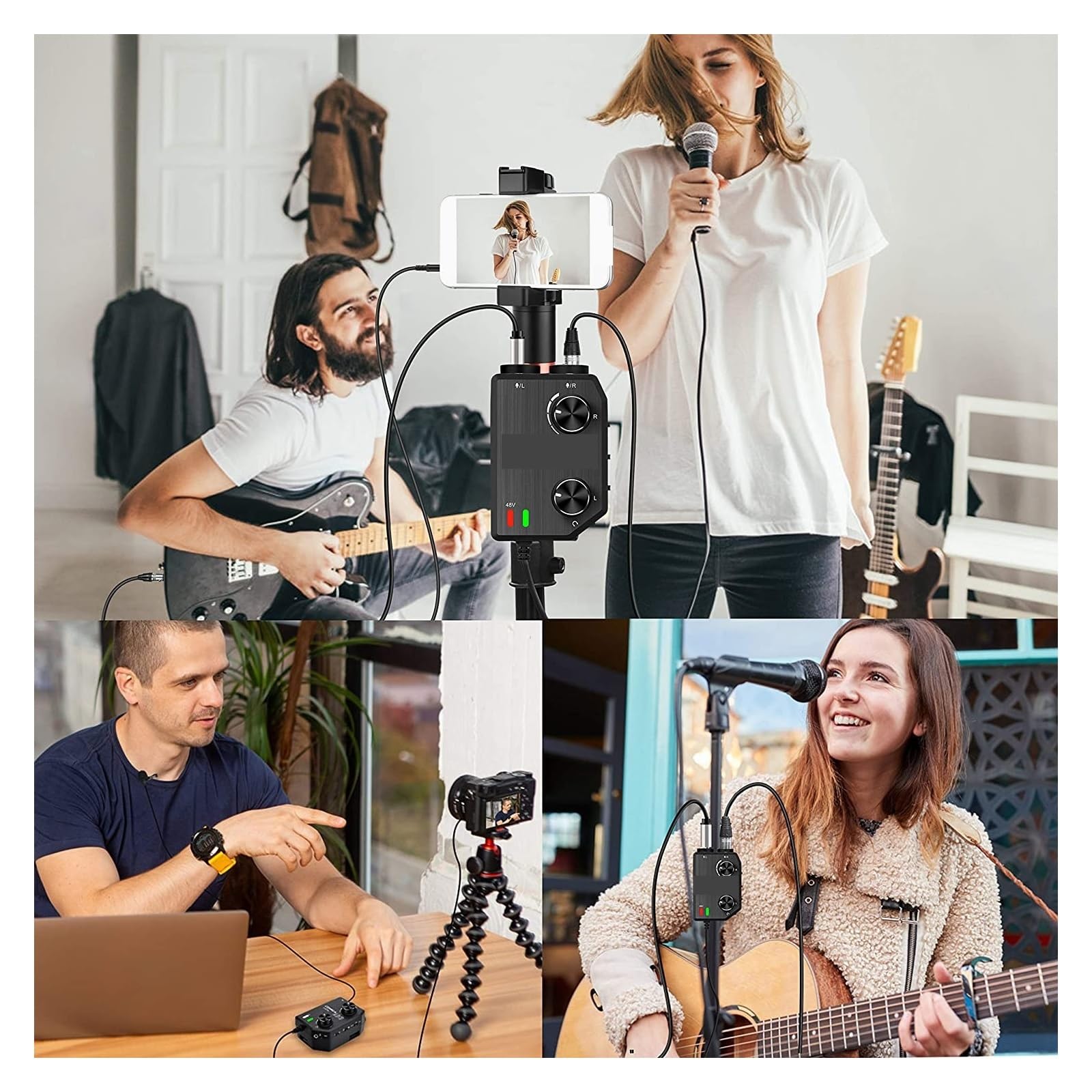 Podcast Equipment, 2-Kanal-Mikrofon-Audiomixer-Vorverstärker mit Phantomspeisung, Gitarren-Audio-Interface-Mikrofon for Kamera