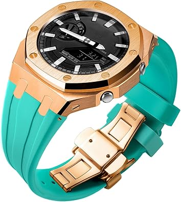 Ga2100 Band Case Strap Mod Kit,Pink Gold Stainless Steel Metal Case Bezel 9 match Color Silicone Band Strap Parts Compatible With Casio G shock Ga-2100 Ga-2110 GAB-2100
