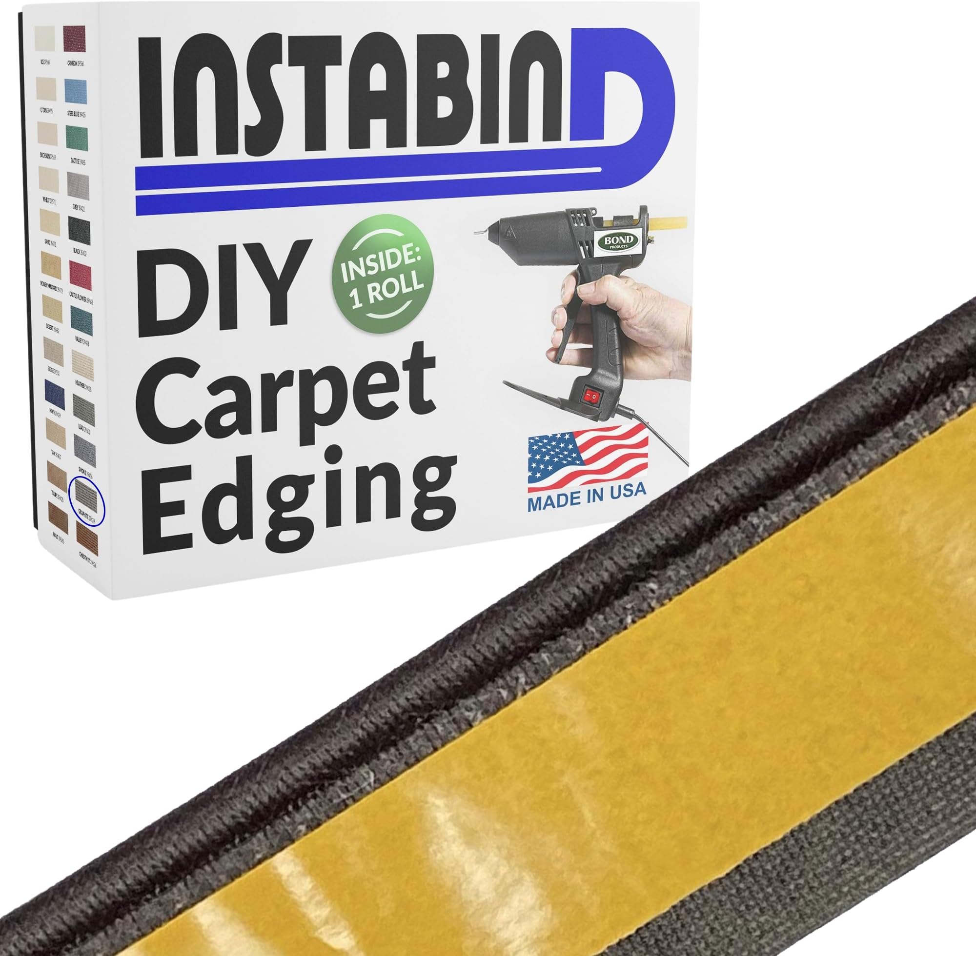 Instabind 54 ft Roll Premium Carpet Edge Binding – Regular Style Carpet Edge Trim for Do-It-Yourself Rug Edging- With Durable Hold & Easy Finishing for Rug Edges - USA Made Flooring Products, Graphite