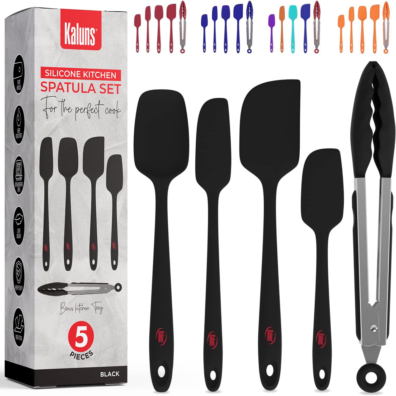 Kaluns Silicone Spatula Set, 4 Rubber Spatulas 600°F Heat Resistant, Nonstick Seamless Design with Stainless Steel Core, Dishwasher Safe, BPA free, Bonus Tongs Included