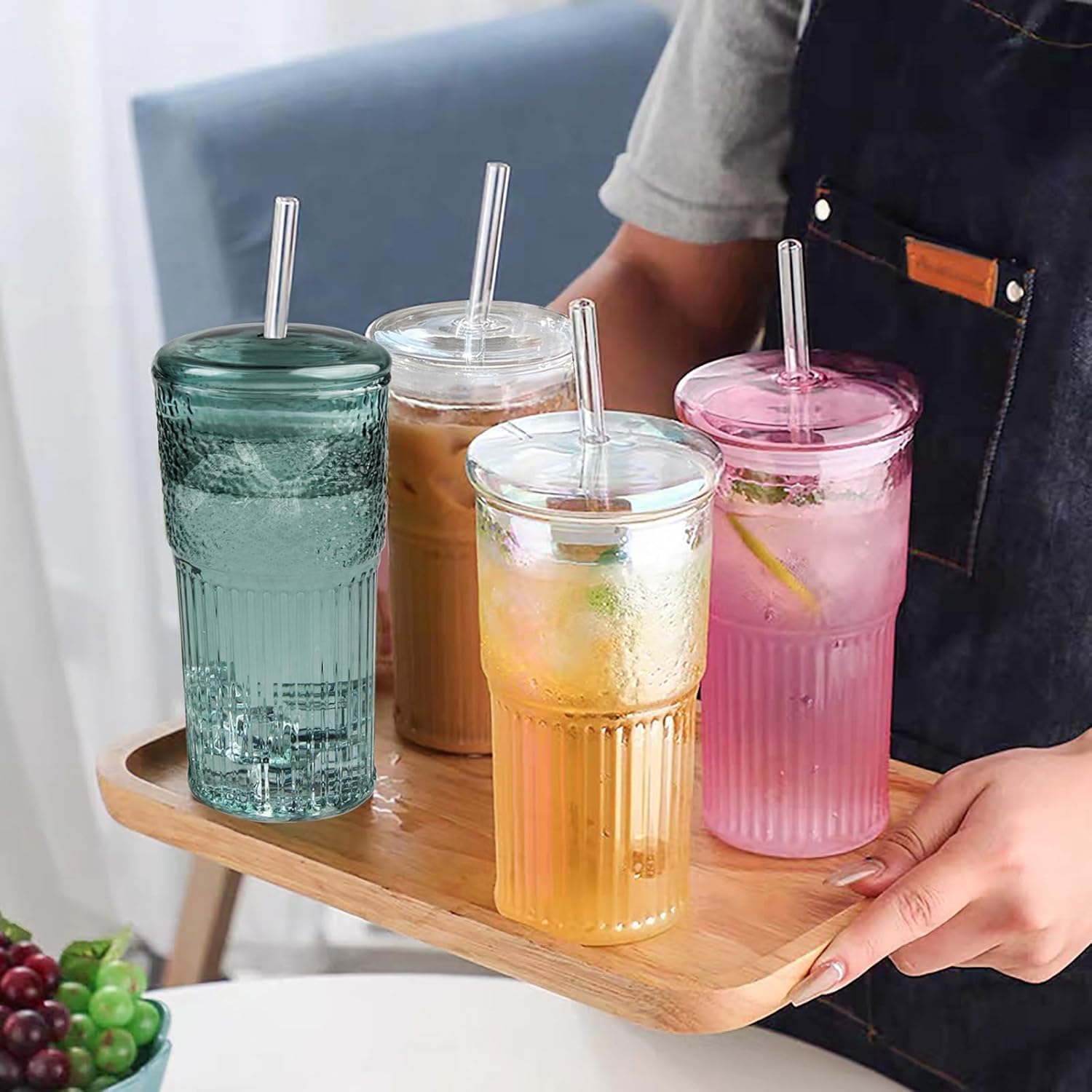 JunVpic Szklane kubki do kawy z pokrywkami i słomkami, 590 ml, różowe szklanki do mrożonej wody, do soku lodowego, herbaty, mleka, smoothie i zimnych lub gorących napojów, zestaw 2 szt