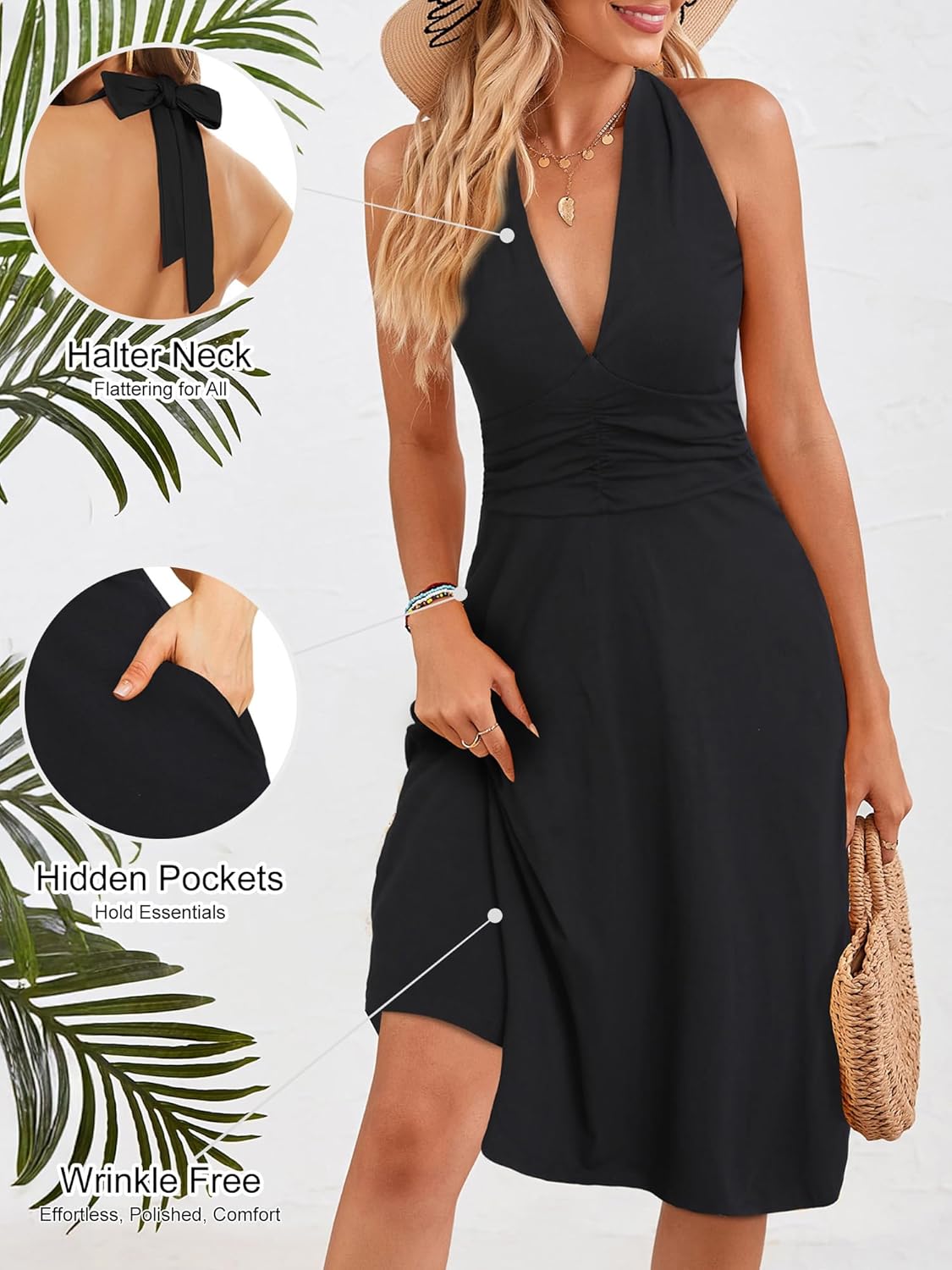 HUHOT Women's Summer Sundress Sleeveless Halter Neck Spring 2026 Floral with Pocket Elastic Waist Ruffle Mini Dresses