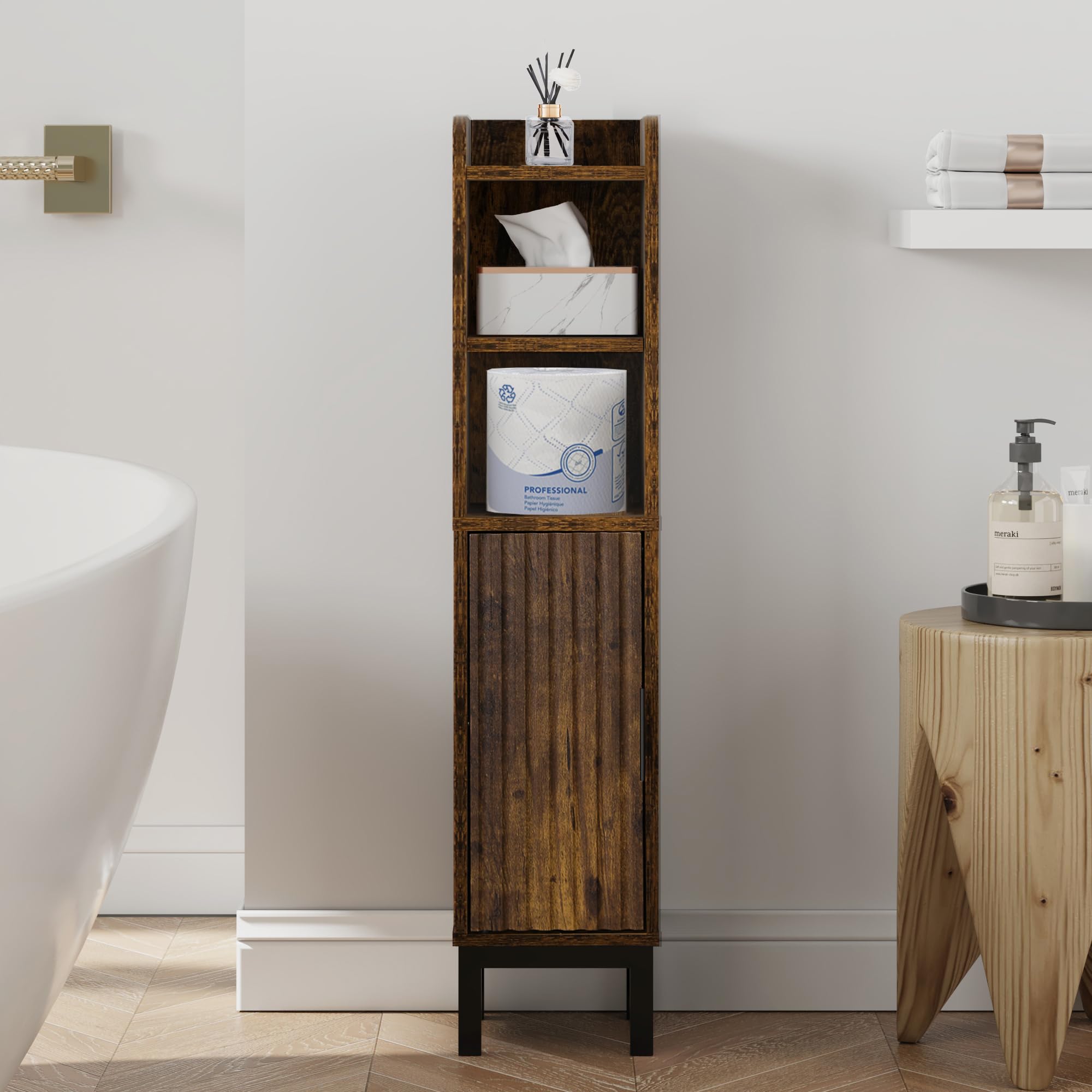 Small Bathroom Storage Cabinet, Corner Floor Narrow Toilet Paper Cabinet with Door and Shelves,Bathroom Organizer with Adjustable Shelf, for Small Spaces 7.1"D x 7.1"W x 32.7"H(Rustic Brown)