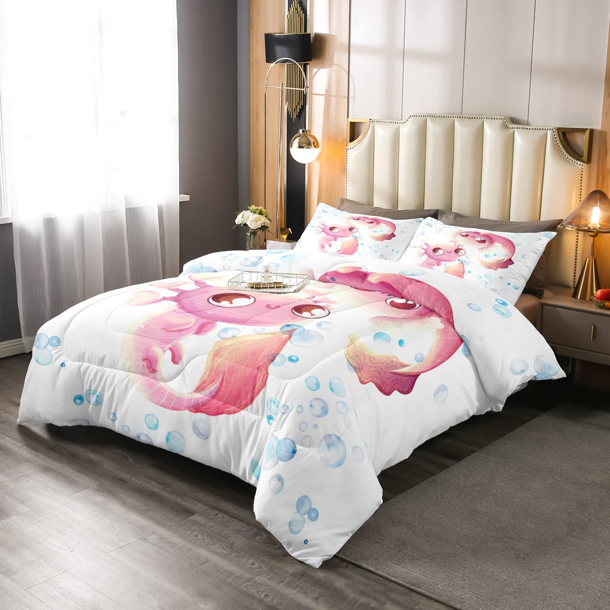 Set di biancheria da letto per bambini Kawaii Axolotl, con motivo animale, per ragazze, con motivo animale, con motivo floreale, per letto singolo, con 1 federa, cerniera