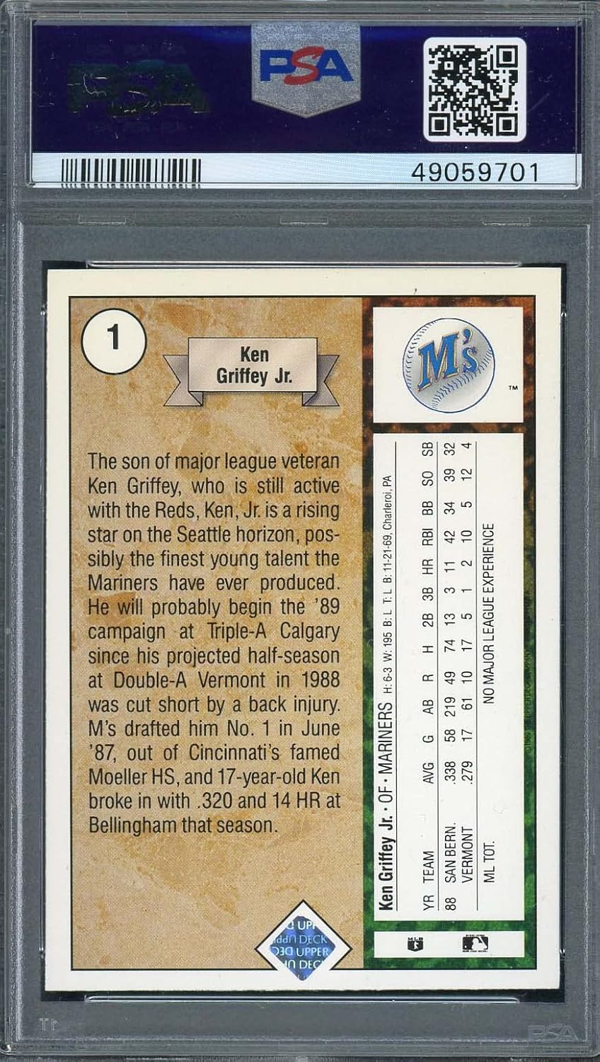 Ken Griffey Jr Rookie Card |1989 Upper Deck Baseball Star RC #1, PSA 6 Graded (Cert #49059701)