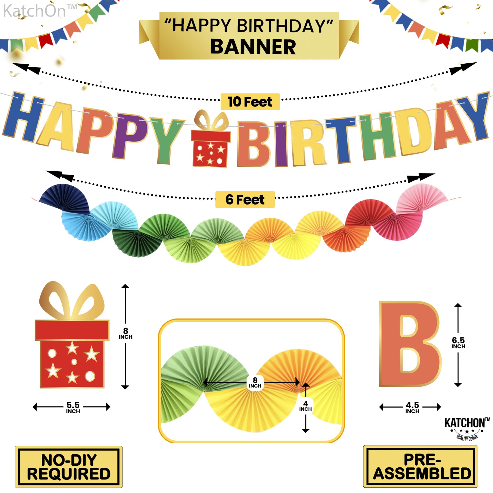 KatchOn Rainbow Happy Birthday Banner With Paper Fan Garland - 10 Feet, Prestrung, Pastel Colors