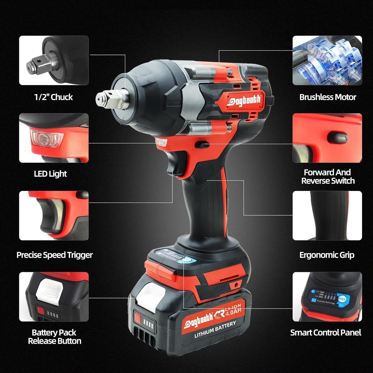 dogtooth 20V Cordless Impact Wrench 1/2'', High Torque Maximum 850 NM, Brushless Motor, 3 Variable Speeds Max 3200RPM, Compatible with Makita 18V Battery, NO Battery (Tool only)