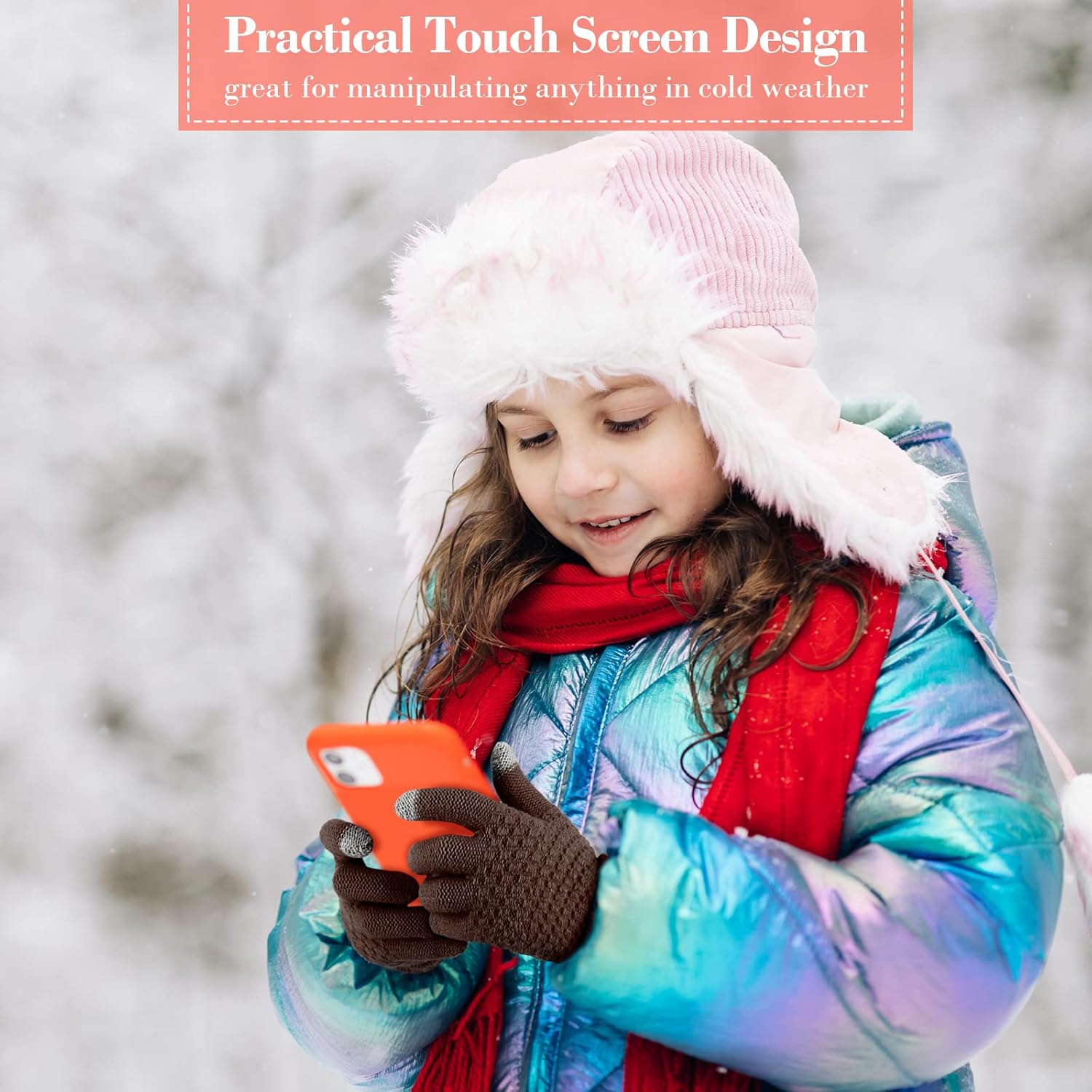 4 Pairs Kids Winter Touchscreen Gloves Warm Fleece Lined Child Knit Gloves Elastic Cuff Winter Texting for Girls Boys - Image 4