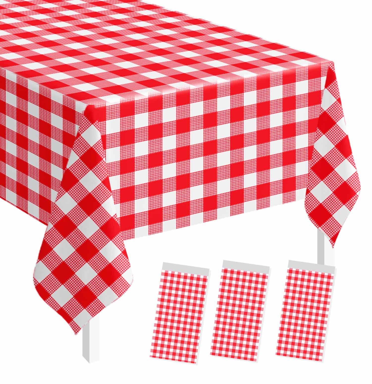 SietDESEO 3 Pack Red Gingham Tablecloth Rectangle 54 x 108 Red and White Checkered Table Cloth Disposable Plaid Table Cover Plastic for Birthday Baby Shower Picnic Wedding Party Supplies