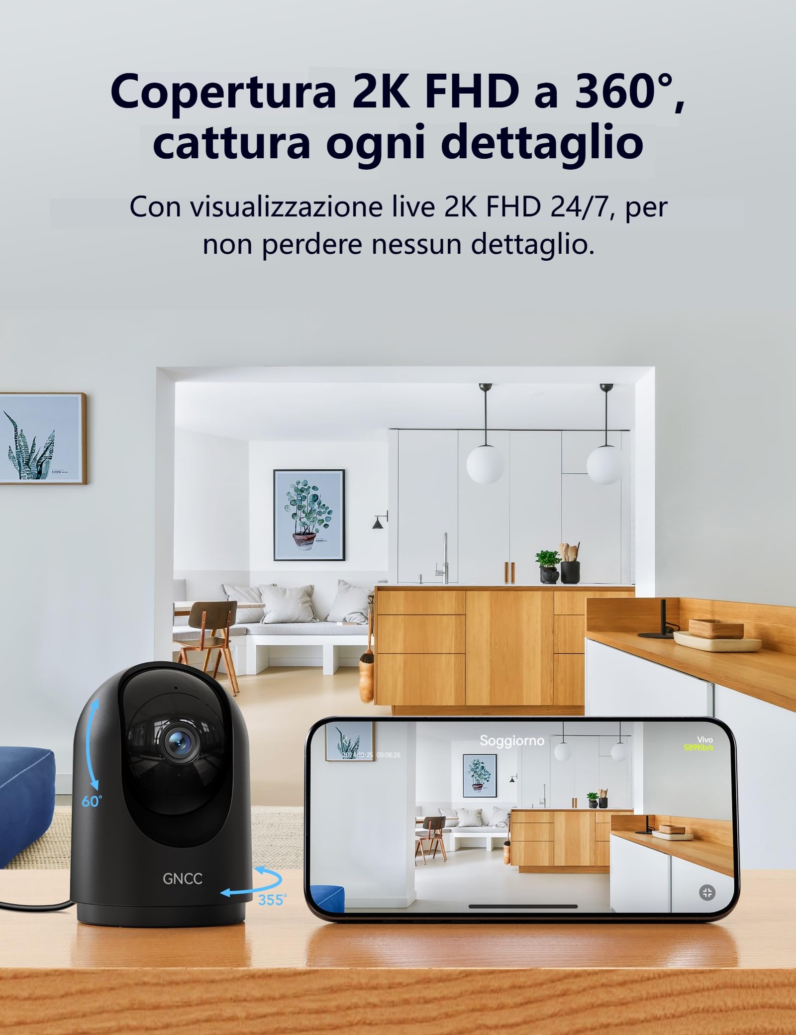 GNCC 2K Telecamera WiFi Interno 2.4/5GHz Visione Notturna Nero(Pack da 4)
