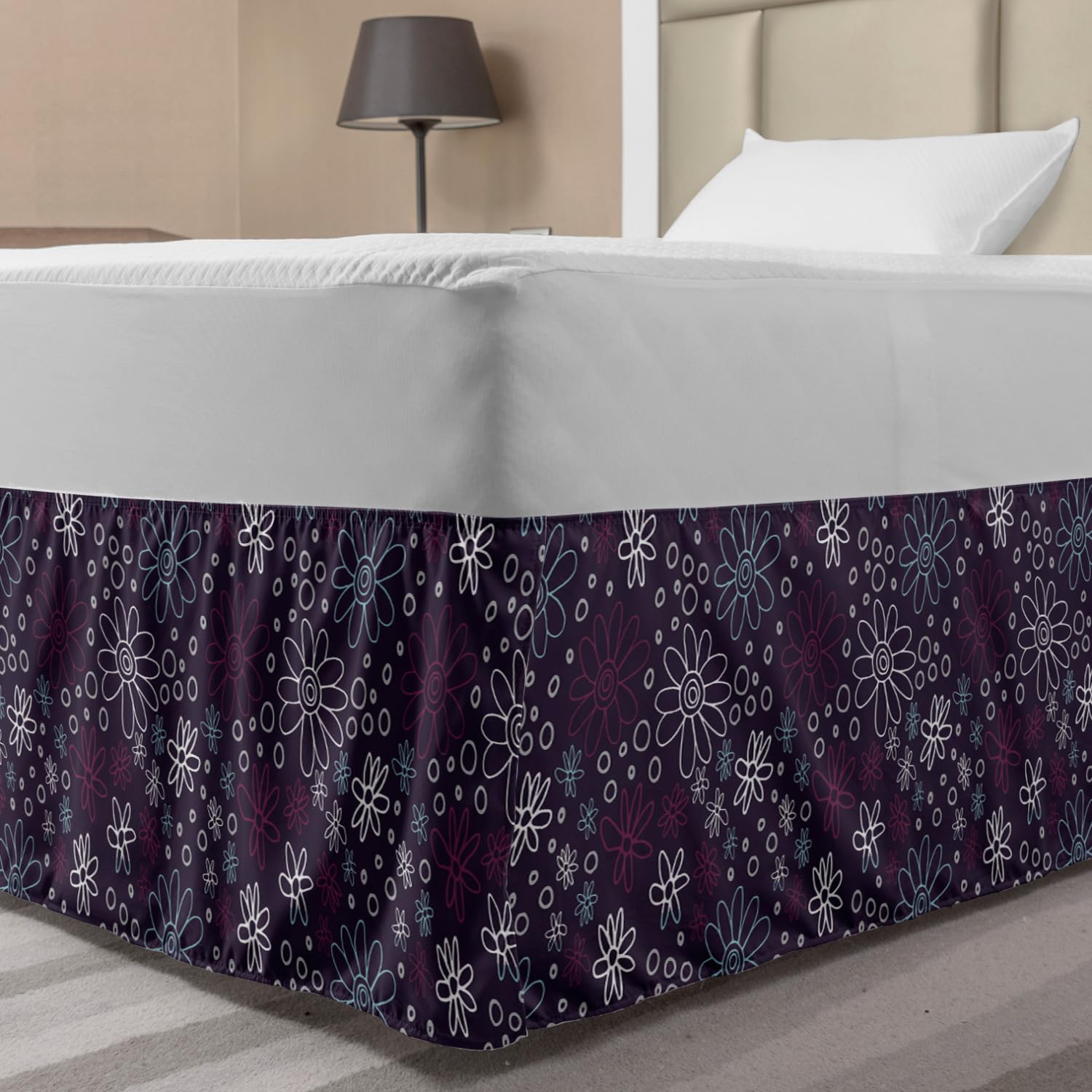 Ambesonne Floral Elastic Bed Skirt Hand Drawn Style Daisy Flowers with Big and Little Circles Romantic Garden Wrap