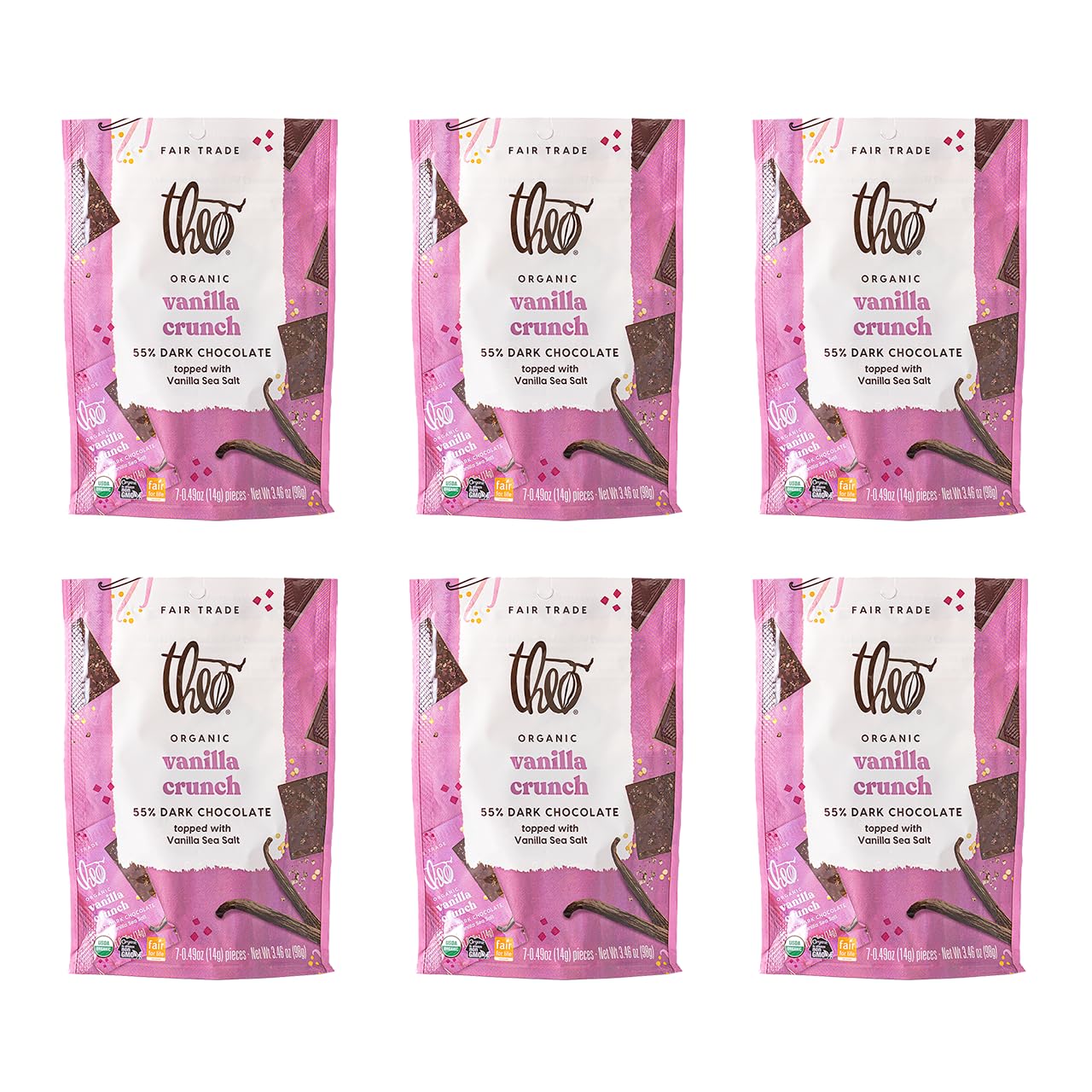 Theo Organic 55% Dark Chocolate Squares, Vanilla Crunch w/Vanilla Sea Salt, 6 Pouches (7 Individually Wrapped Singles per Pouch), 42 Pieces, Vegan, Fair Trade