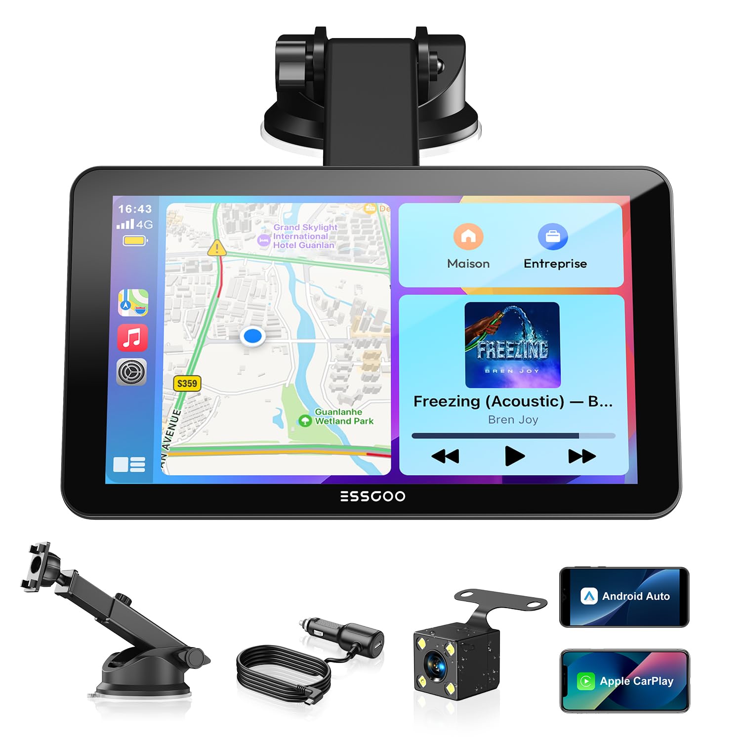 ESSGOO 7 Pouces Écran Voiture sans Fil avec Caméra de Recul,Compatible avec A-pple CarPlay & Android Auto,Supporte GPS,Siri & G-oogle Assistant,WiFi 5.8G/Bluetooth V5.3,FM,Adapté à Plusieurs Véhicules