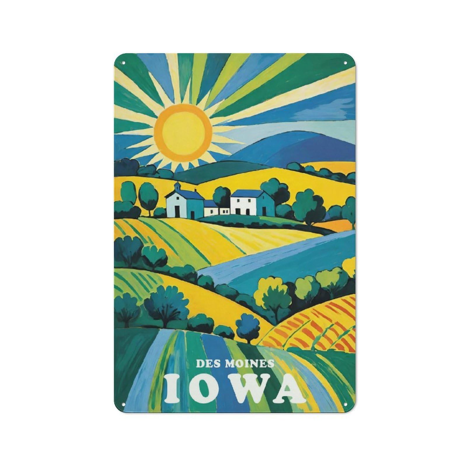 Junmoney Style-8 30X20cm Retro Tin Sign With Des Moines Iowa Landscape For Living Room Wall, Housewarming Present For People Styling Living Room