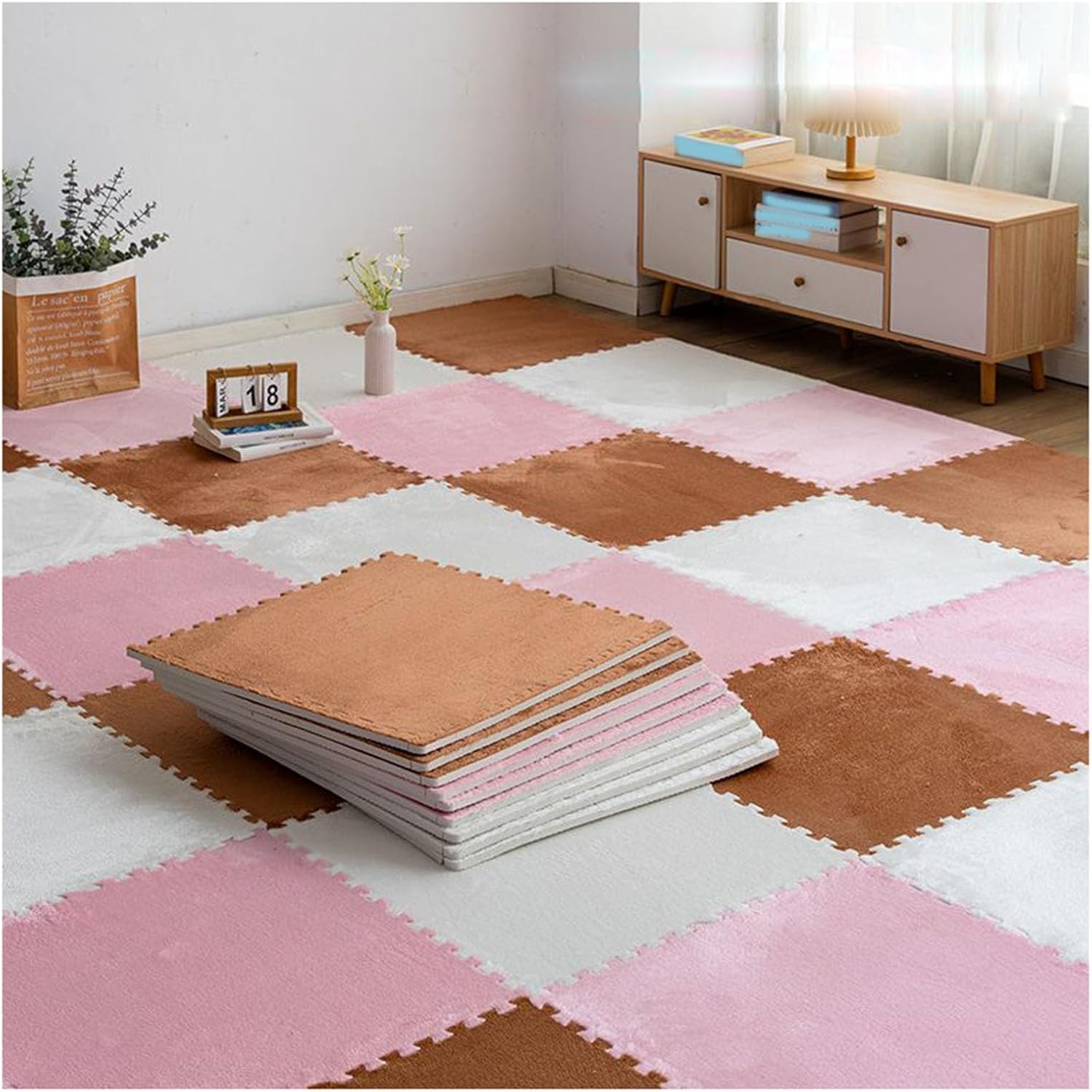 JvFbjLF 32Pcs Foam Floor Mats Plush Interlocking Carpet Tiles Fluffy Foam Mat Tiles Cuttable Puzzle Carpet Squares(White+Pink+Camel,30x30x1.3cm)