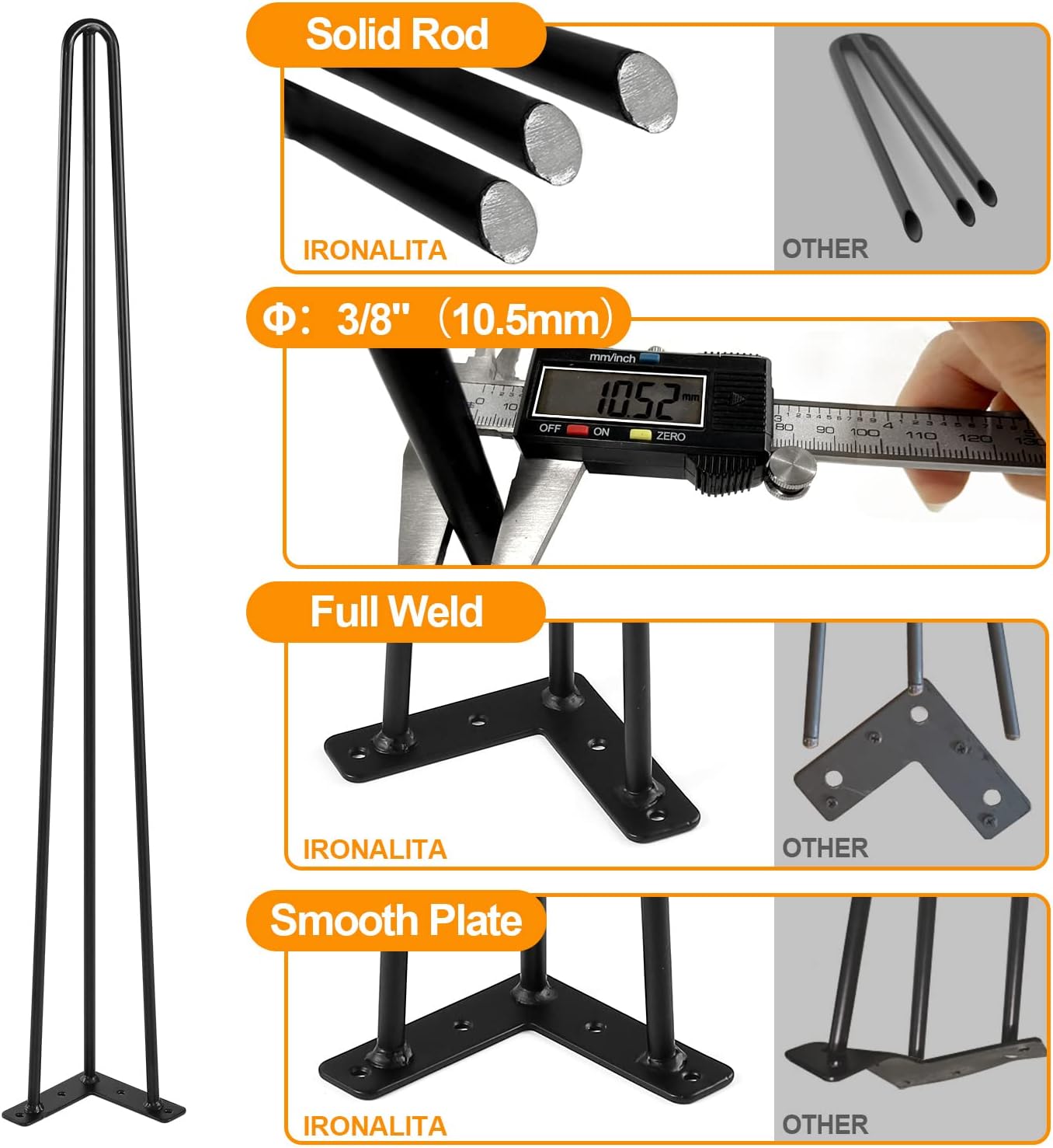 30 Inch Hairpin Legs for Furniture set of 4, Heavy Duty 3 Rod Metal Table Legs with 3/8" Black Solid Iron, DIY hair Pin Legs for Desk, Dining Table, Counter Table, Kitchen Table, Plant Stand