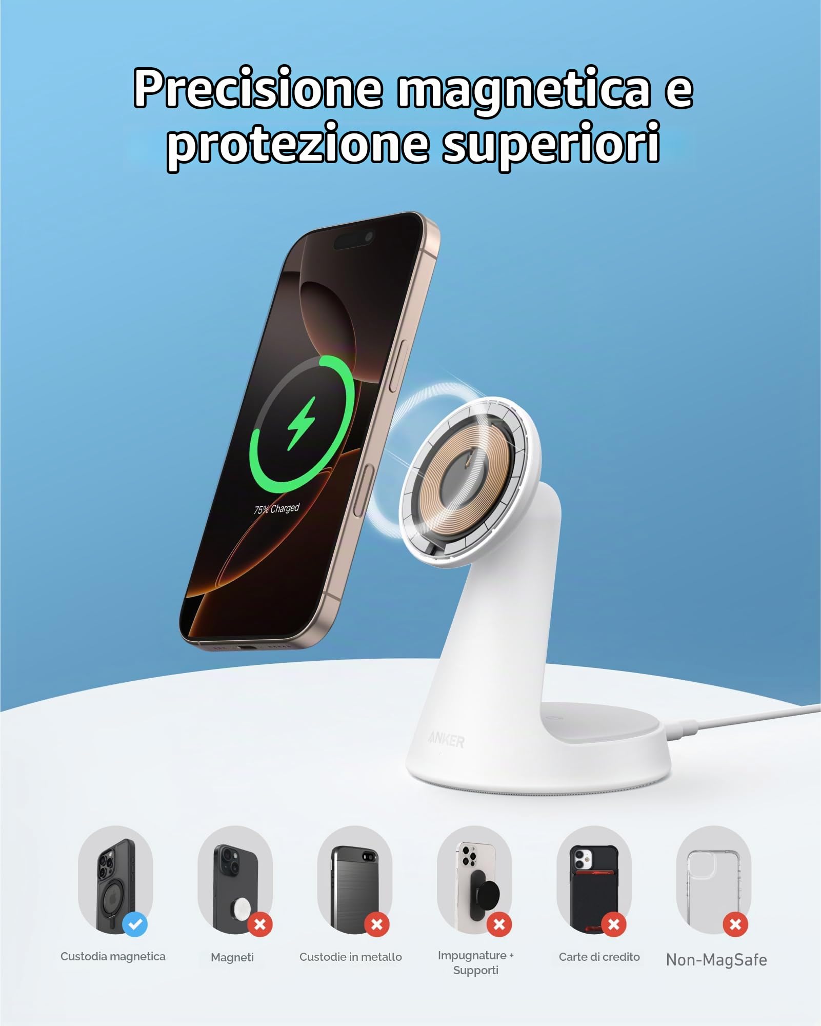 Anker MagGo Caricatore Wireless iphone Stazione di Ricarica 2 in 1 15W, Certificato Qi2 MagSafe da 15W, Regolabile e Resistente, per iPhone 17 Pro Max Air/Serie 16-12 e Altro (Adattatore non Incluso)