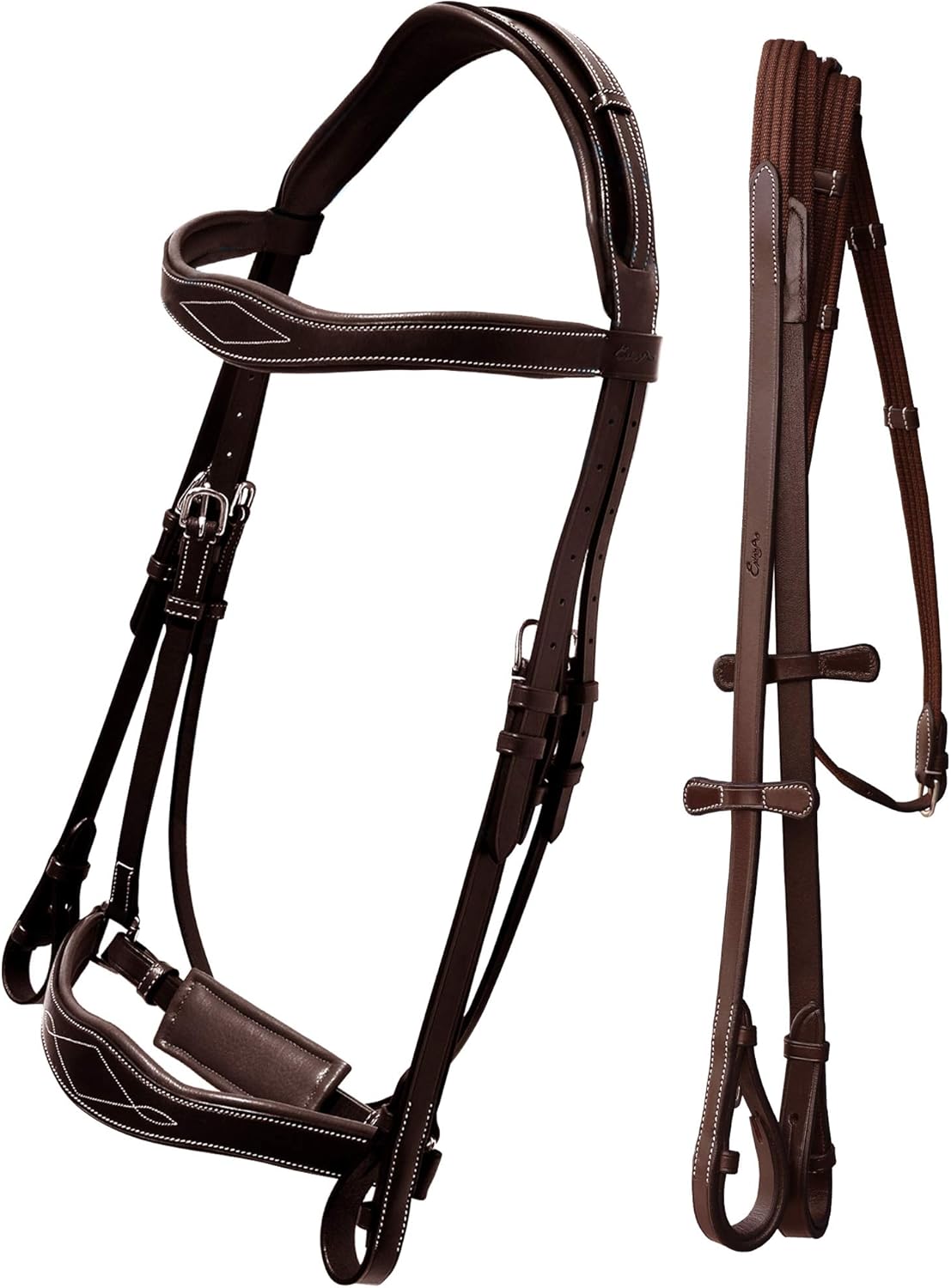 Exion Horse Dressage Bridle with Web Reins | Broad Anatomic Crownpiece, Crank Noseband & Browband & Reins with Hand Stoppers | Dressage Bridles for Horses