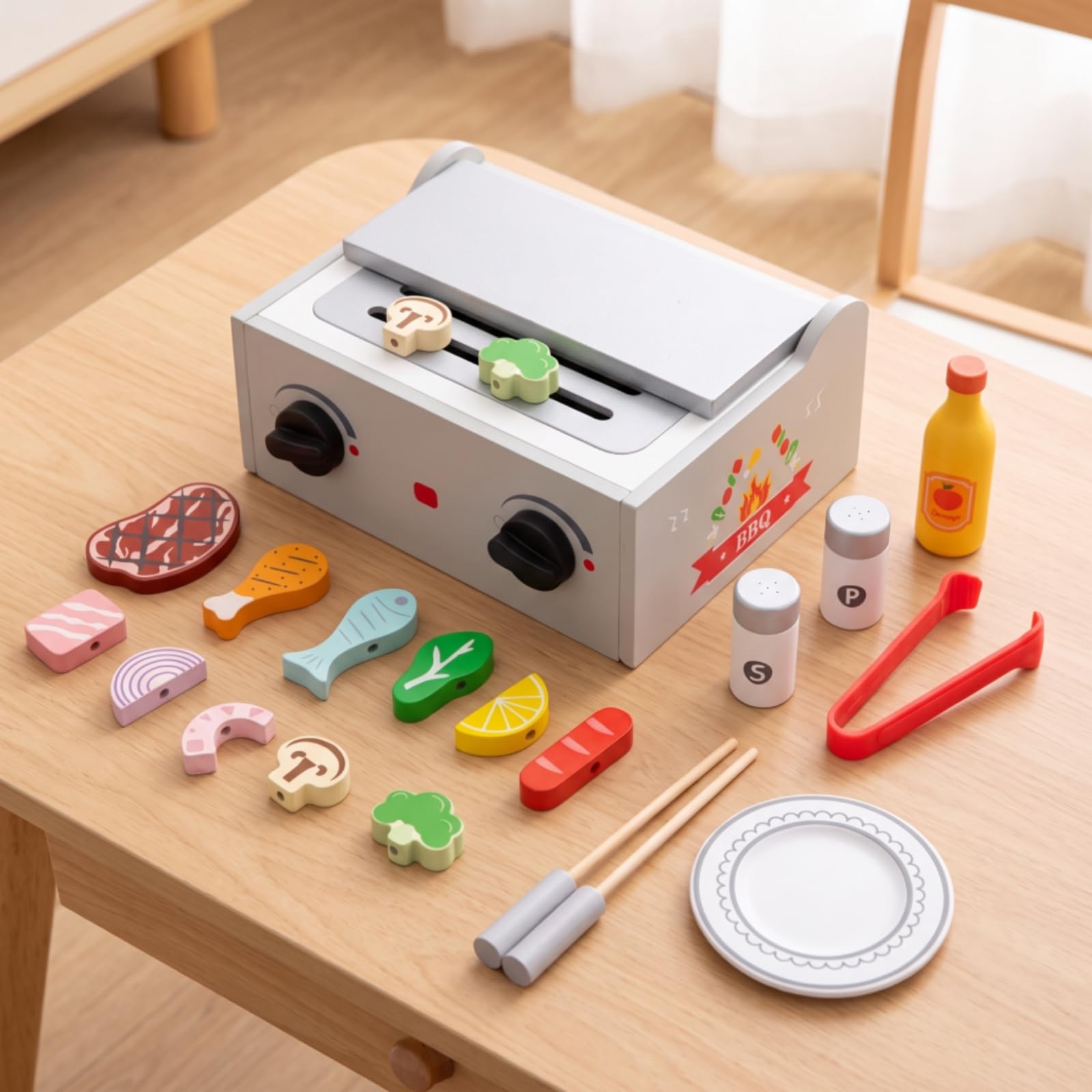kowaku Barbecue Giocattolo in Legno Barbecue Giocattolo con Accessori da Tavolo Gioco di Ruolo per Bambine, Scuola Dell'infanzia