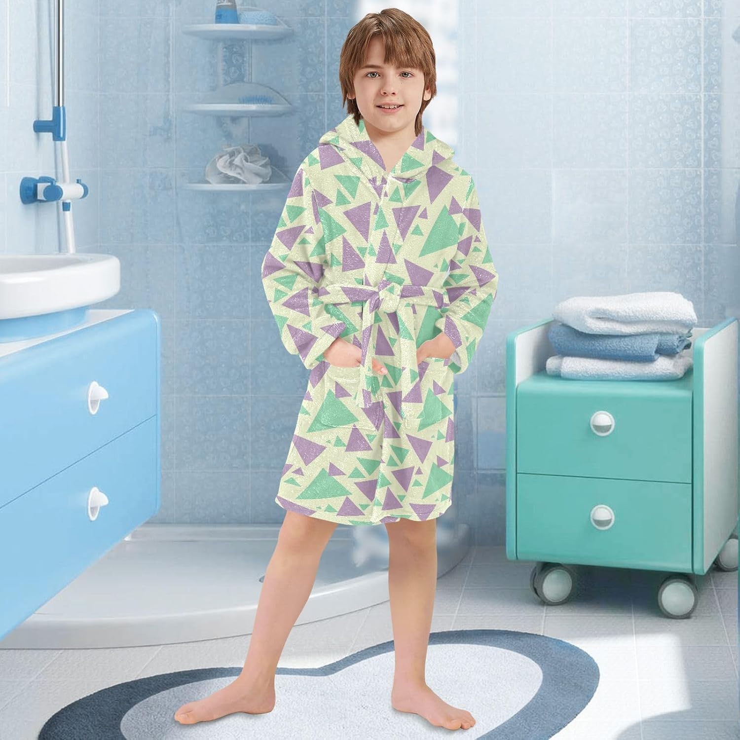 Colorful Cartoon Triangle Pattern Toddler Hooded Bathrobe for Boys Girls Soft Plush Bath Towel Robe 2-12 Years