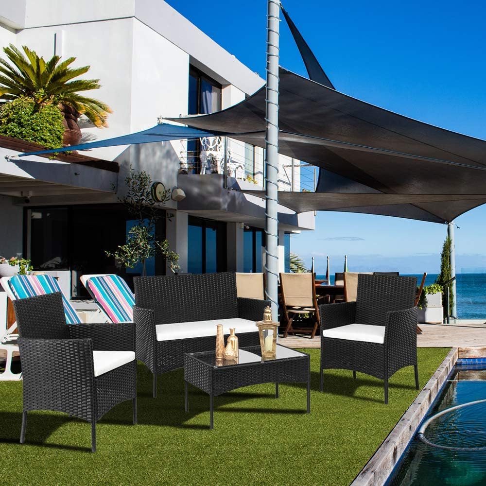 Salon de Jardin Exterieur en Résine ressée - 2 canapés Simples, 1 canapé Double et 1 Table Basse, Coussins Inclus, Salon de Jardin pour Amenagement Balcon Terrasse Veranda (Noir)
