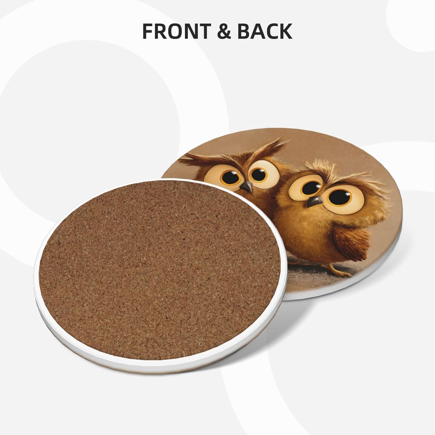 (Cute Brown Cartoon Owls) Ceramic Coasters Set of 6 with Holder Non-Slip Round Coffee Coasters for for Cup Mug Drink Patio Coffee Table Decor, Christmas Coasters Home Bar Supplies