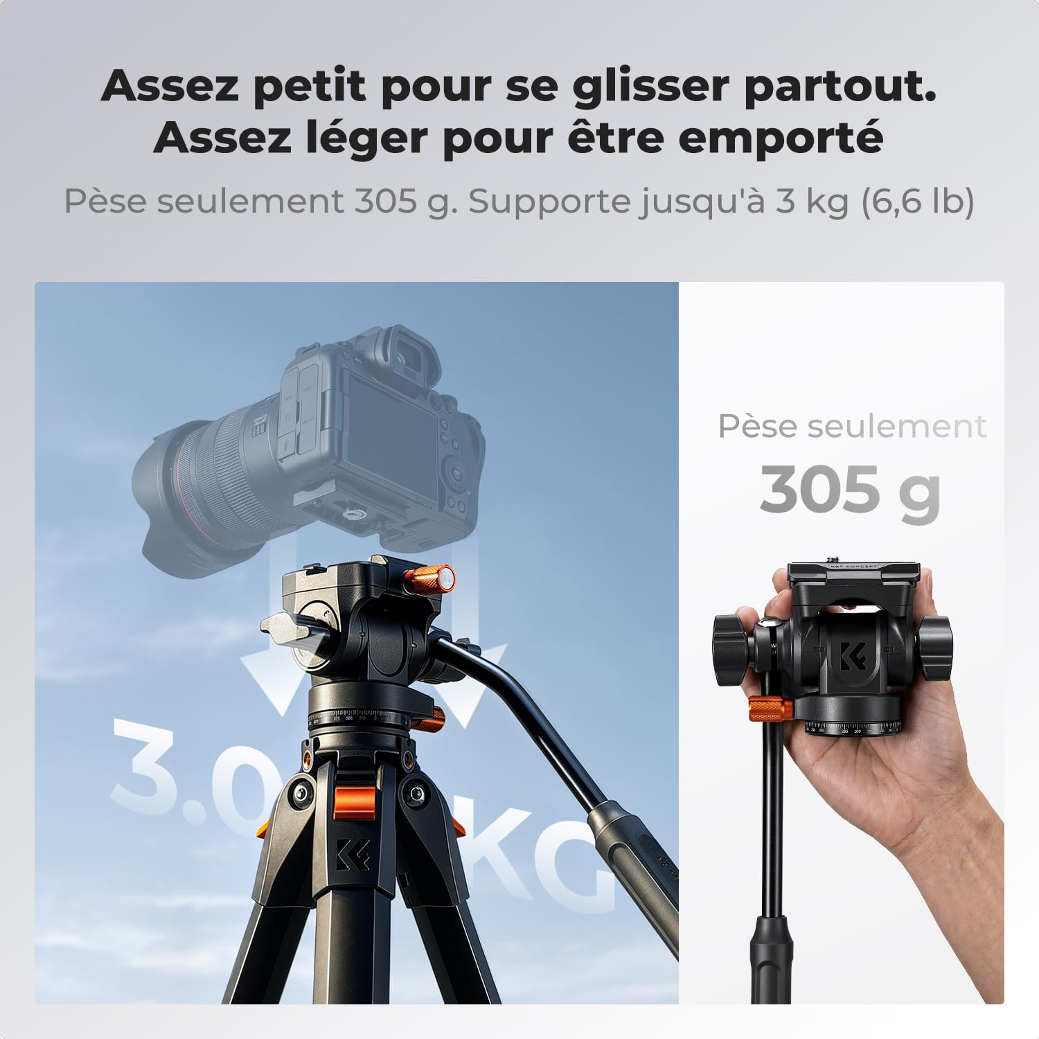 K&F Concept Tête Fluide Plastique 360° Charge 3,45kg | Légère, compatible Arca-Swiss, pour voyage/extérieur/vlog - FH04