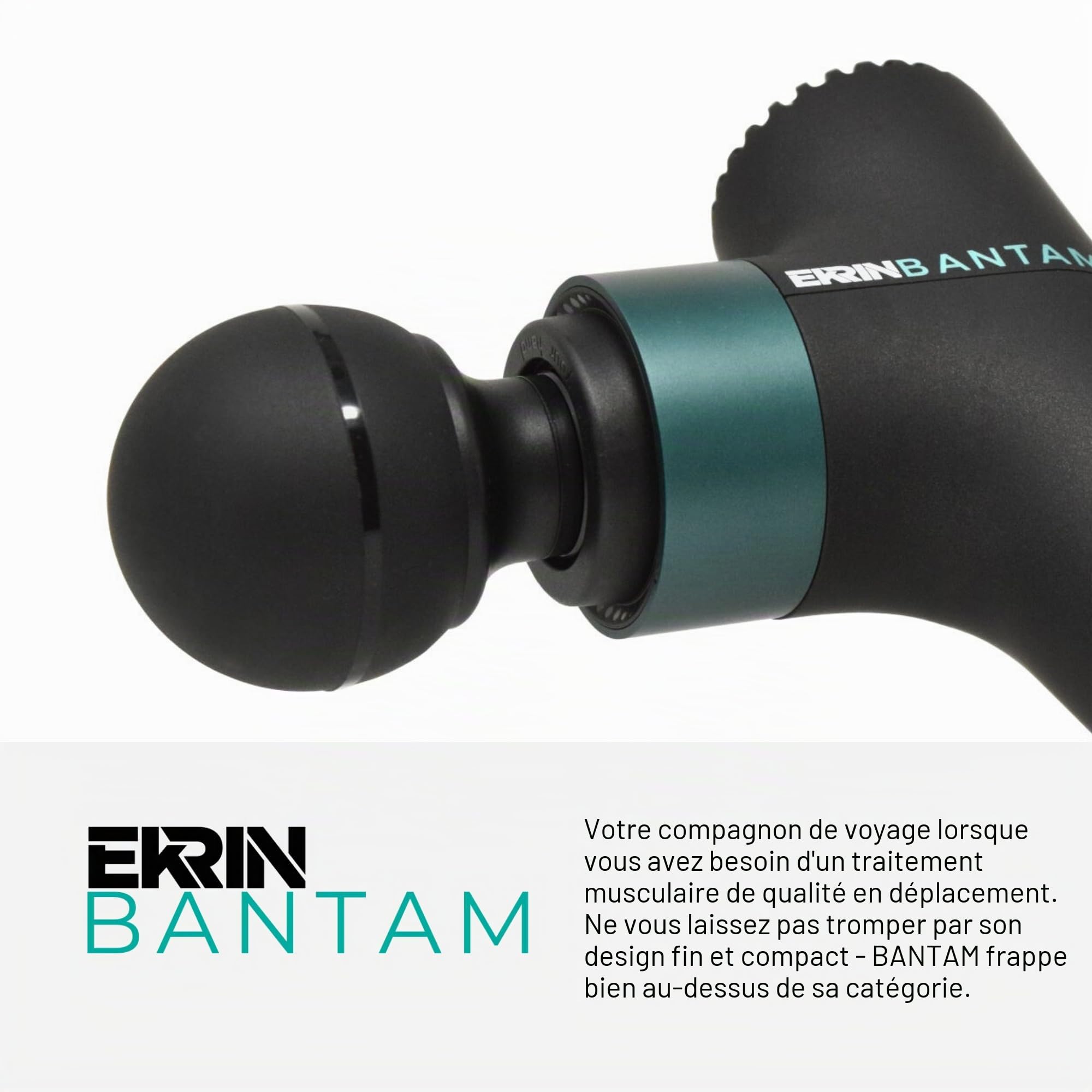 Ekrin Athletics Bantam Mini pistolet de massage à percussion fin et léger pour les muscles endoloris et la récupération, longue durée de vie de la batterie, 3 vitesses et 4 accessoires, bougez mieux