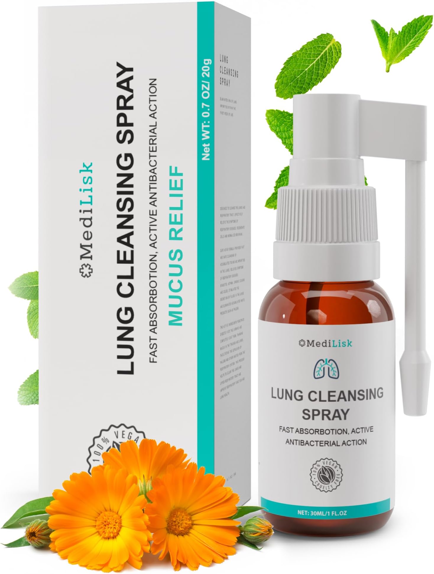 MediLisk Lung Cleansing Spray – Respiratory Support, Mucus Relief and Lung Cleanse – Support for Lung Detox for Smokers – Herbal Extract Formula – Hypoallergenic, Non-Steroidal – 1 oz – Pack of 1