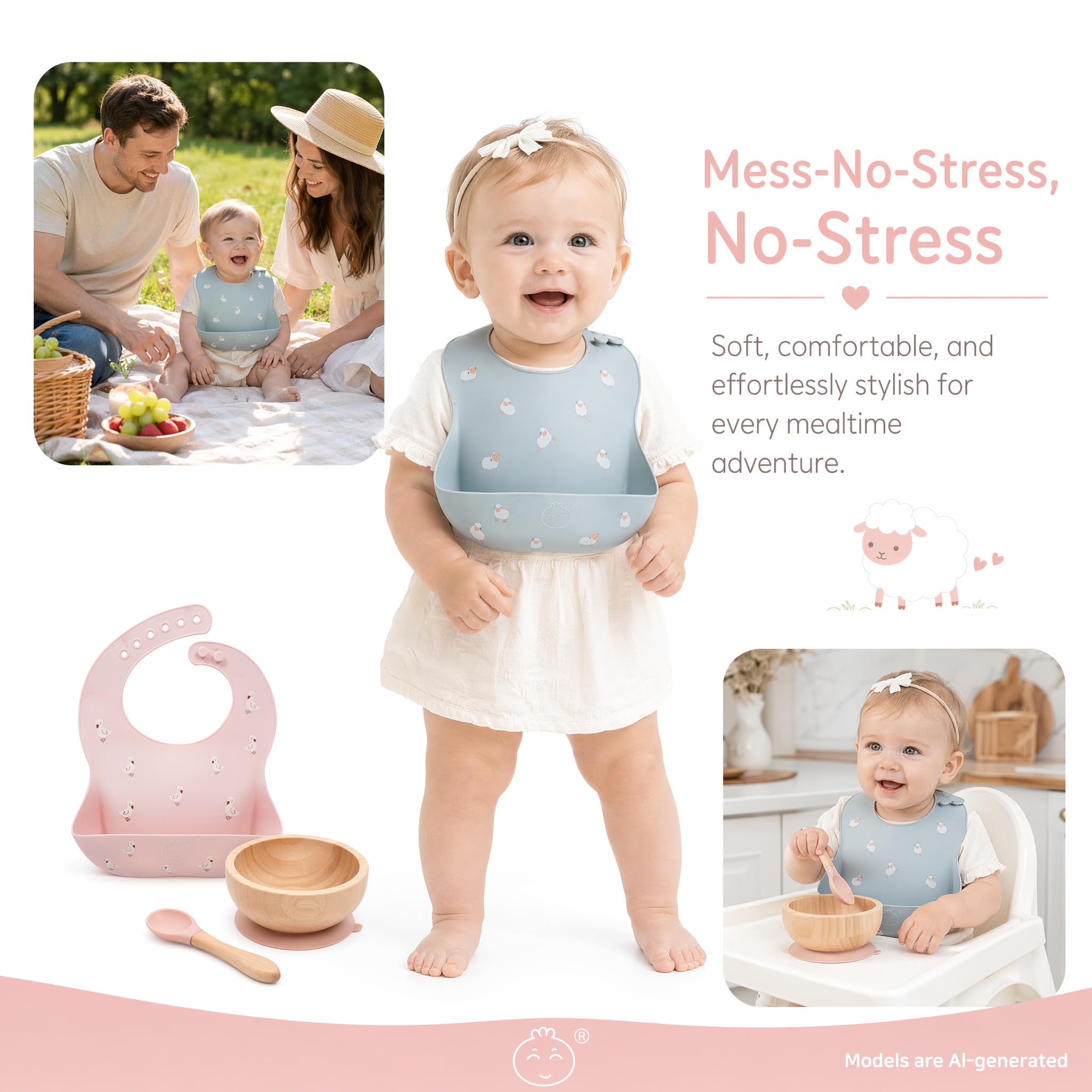 Little Dimsum Babero impermeable de silicona para bebés para bebés y niños pequeños con recogedor de alimentos