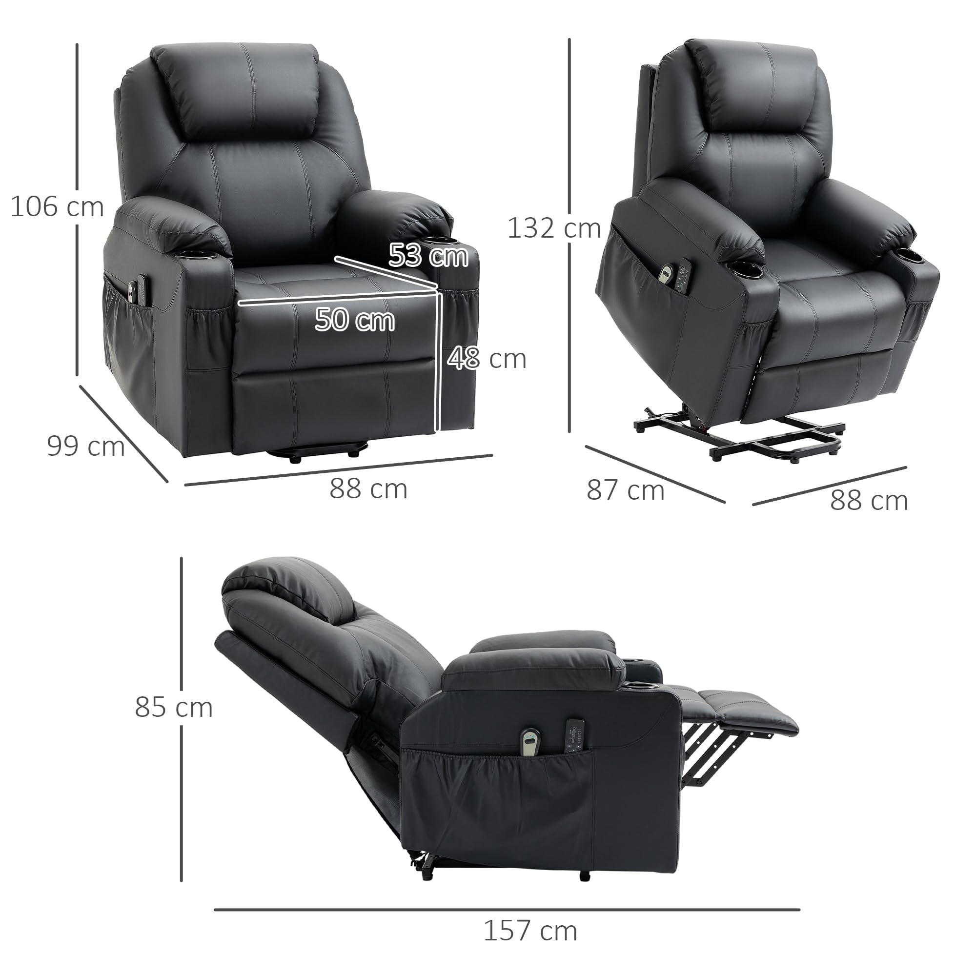 HOMCOM Poltrona Elettrica Alzapersona Reclinabile 135°, Poltrona Relax Elettrica in PU con 8 Punti Massaggianti, 2 Portabicchieri, Tasche Laterali, Telecomando e Poggiapiedi, Nero