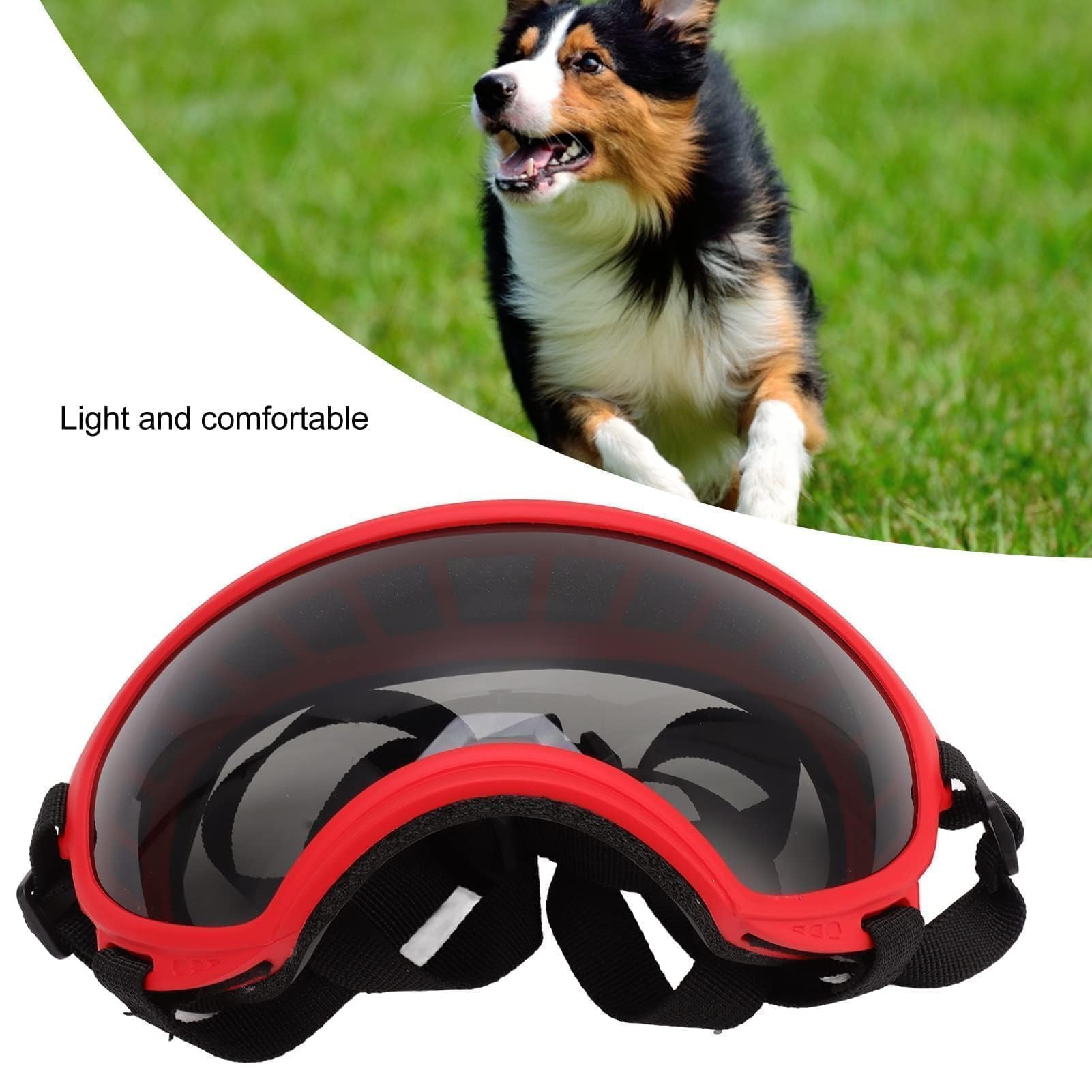 VBESTLIFE Gafas para Perros, a Prueba de Viento y Rayos Ultravioleta, Correa Ajustable, Gafas de Sol Duraderas para Perros Grandes (Montura Roja y Gafas Negras)