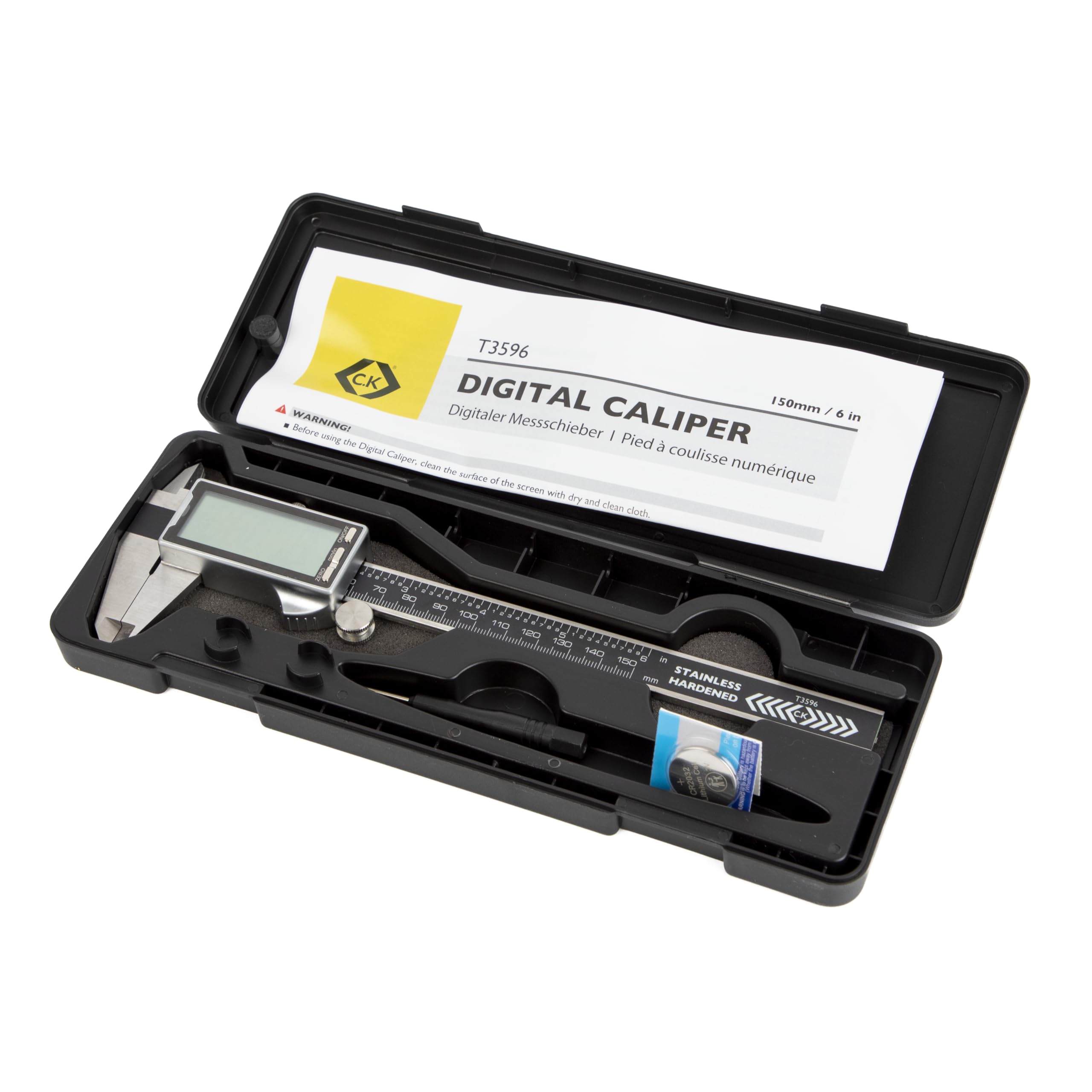 C.K Tools Digitaler Messschieber, 150 mm 6 Zoll Edelstahl Schieblehre, Großes Display, Metrische und Imperiale Anzeige, 0,01 mm Auflösung, Tiefenstange, Innen Außen Stufenmessung, ABS Etui, CK T3596