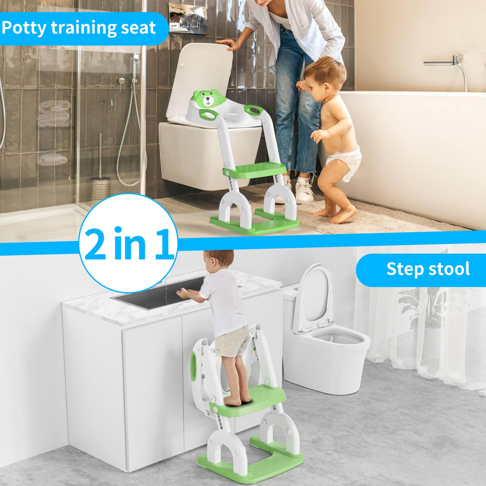 Sedile WC per bambini con scale, accessorio per WC aggiornato, per bambini e bambine, 2 in 1, con scale, regolabile in altezza, comodi sedili per WC sicuri, poggiapiedi per bambini (Verde)