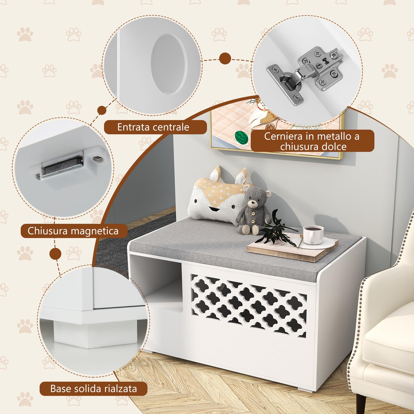 COSTWAY Mobile per Lettiera per Gatti, Panca con Cuscino Rimovibile per Gatti da Interno, Bianco, 90 x 48,5 x 52 cm