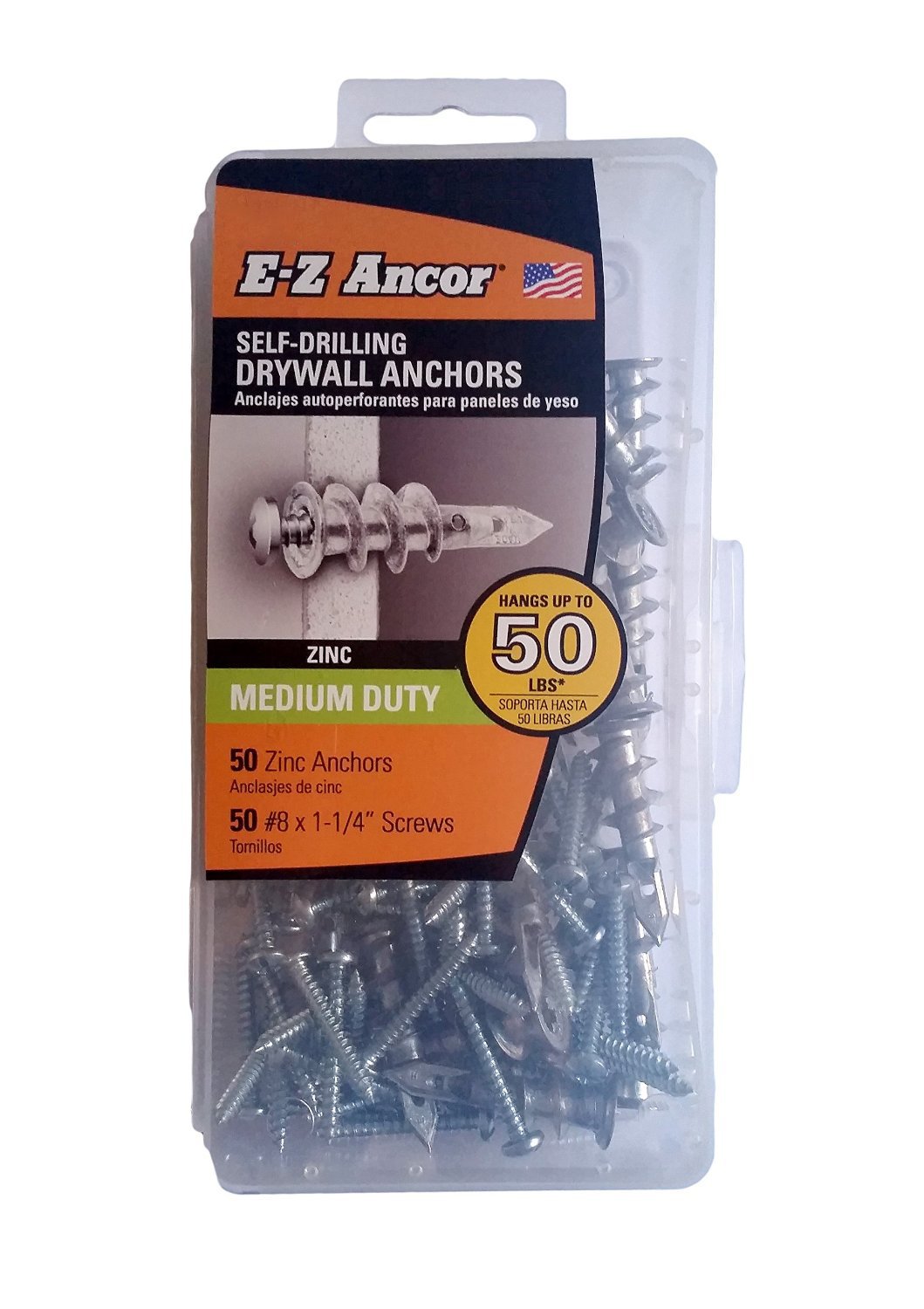 E-Z Ancor kit 50 Zinc Self Drilling Drywall Anchors with 50 Phillip Screws #8 x 1-1/4