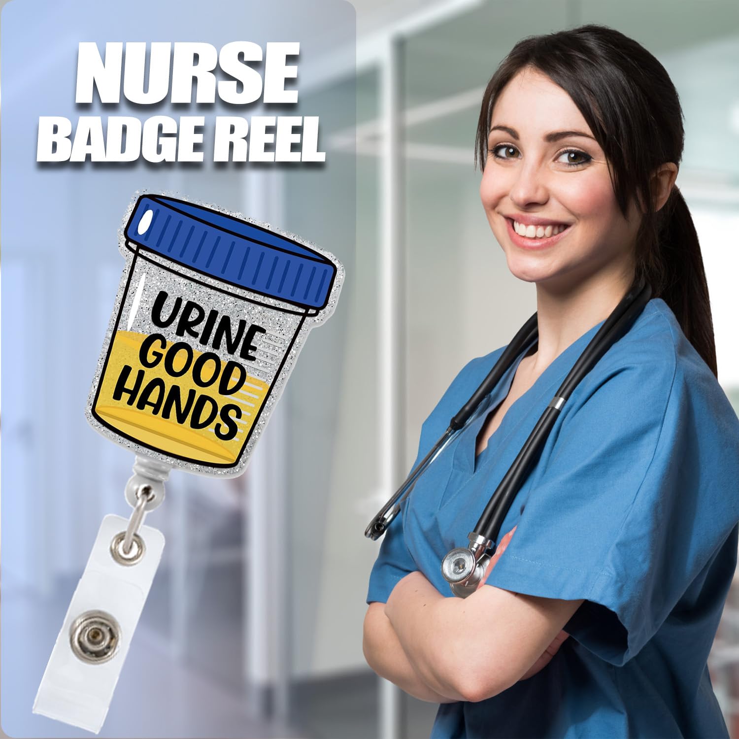 "Urine Good Hands" Funny Nurse Badge Reel - Retractable ID Holder With Clip For Medical Staff