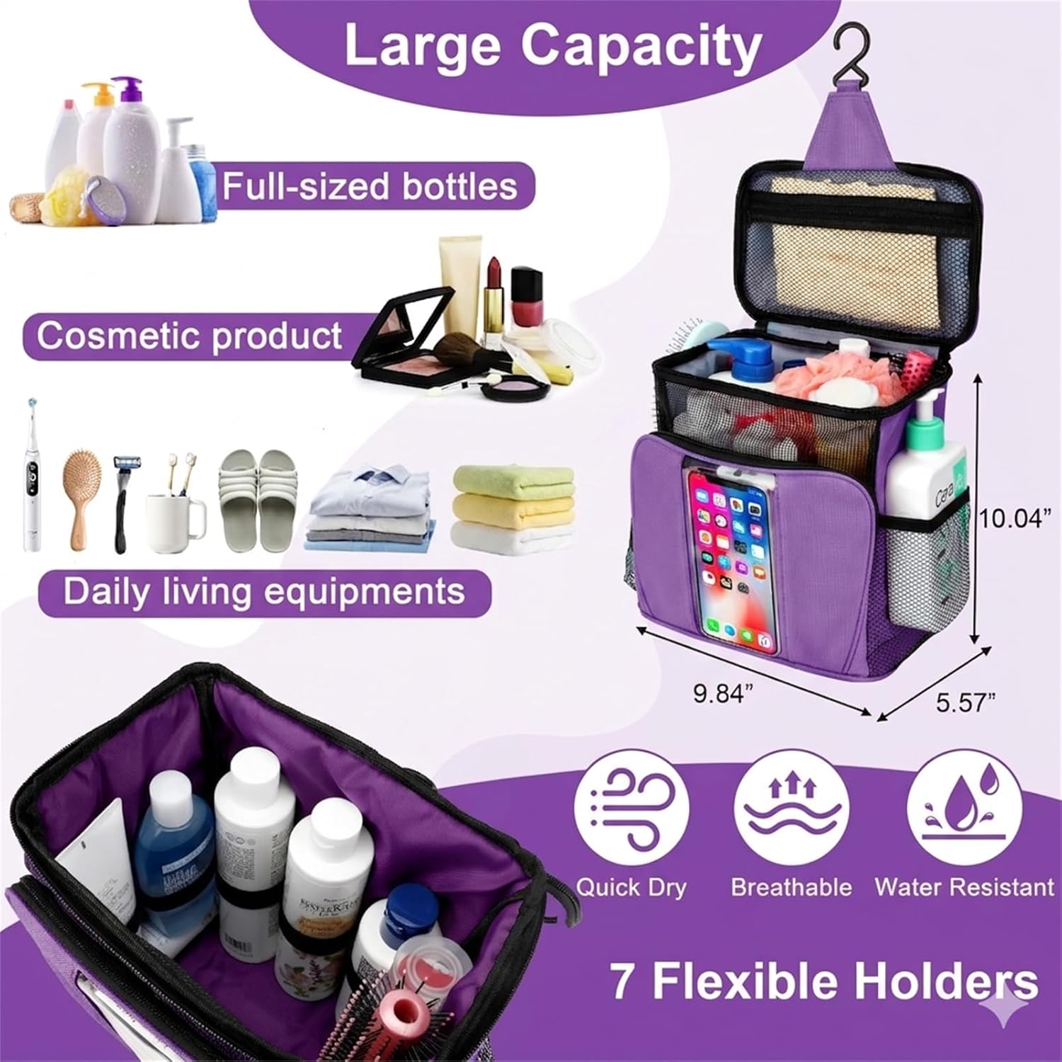 BAIMAY Travel Toiletry Bag for Women, Large Makeup Organizer for Full-Sized Toiletries Gifts for Women-Purple