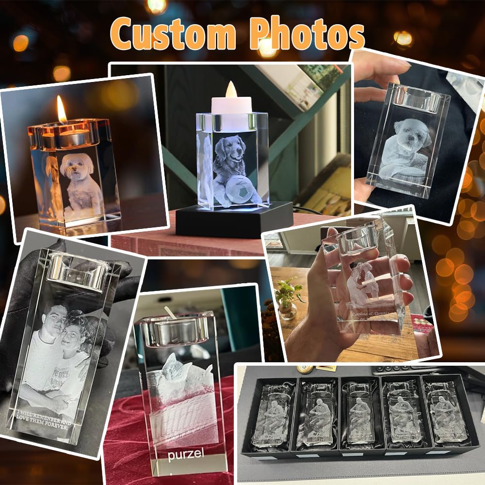 Bougeoir En Cristal Photo 3D Personnalisé Gravé Avec Votre Photo Et Texte - Cadeau Parfait Anniversaire, Mariage, Noël Pour Papa, Maman, Lui Ou Elle (5x5x12cm)