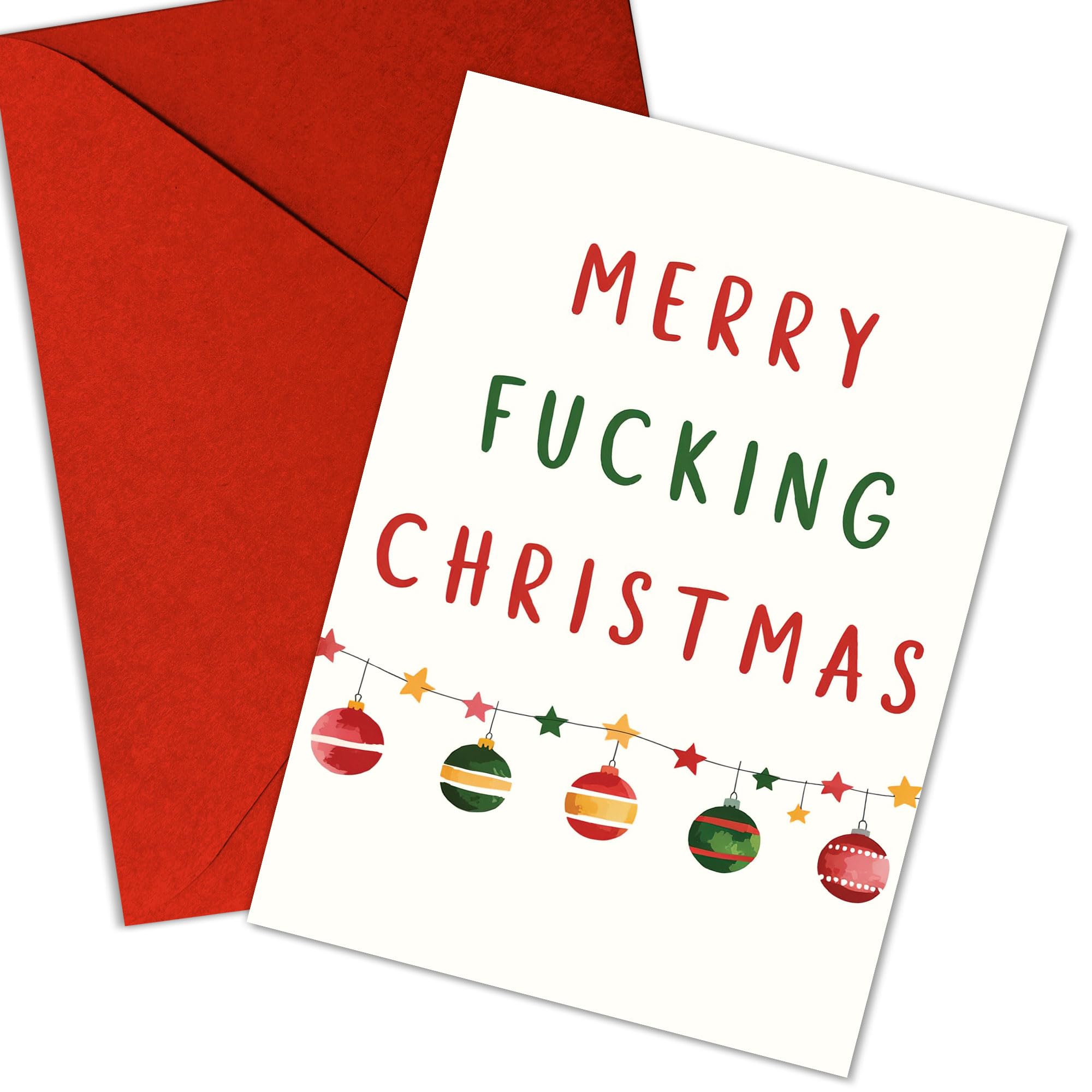 View 1 of (5.3x8in) Funny Merry F*cking Christmas Card, Hilarious Adult Holiday Greeting with Bold Red and Green Text and Ornament Design, Sarcastic Christmas Card for Friends, Coworkers, or Couples (Xmas 30)