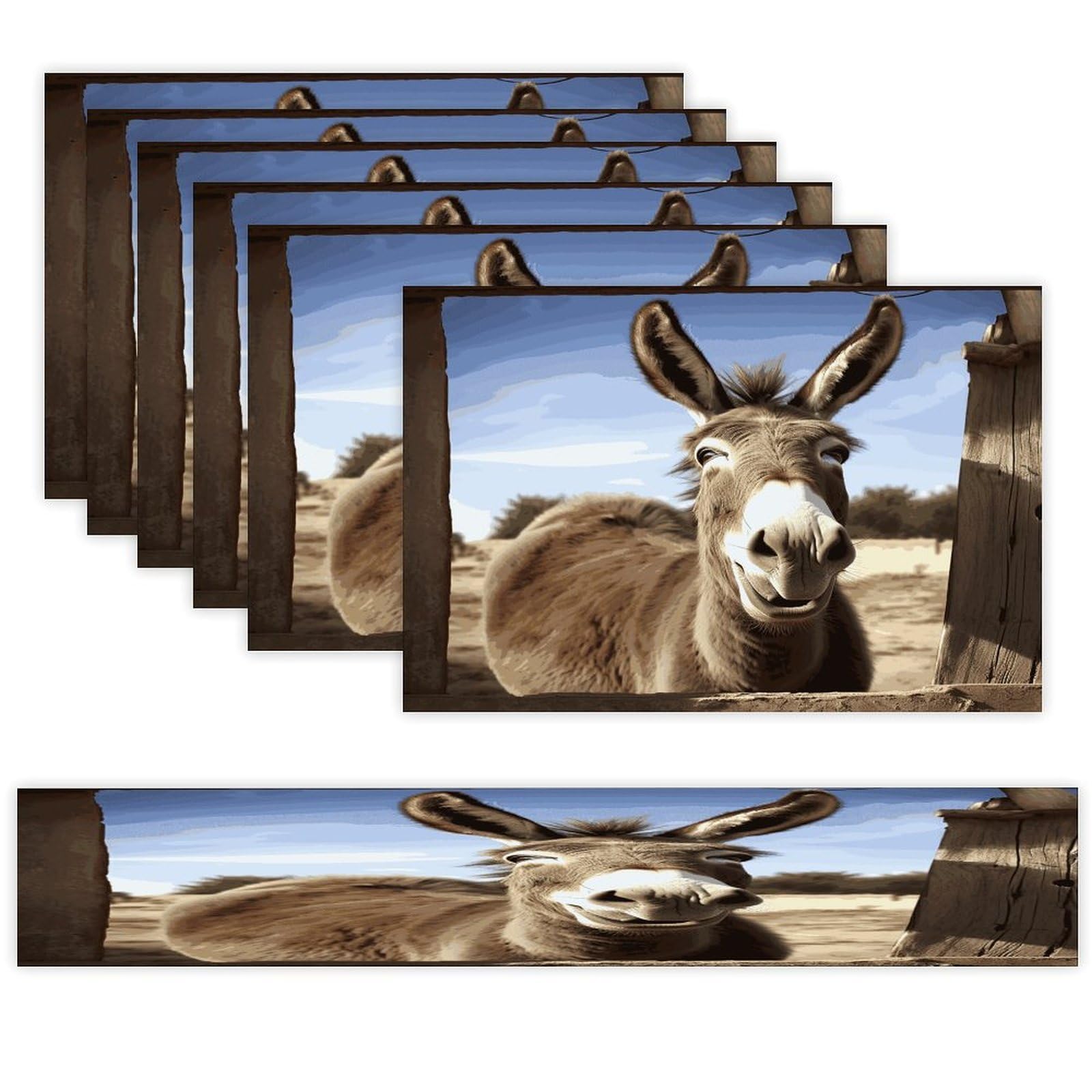 Funny Donkey Table Runner and Placemats Set of 7 Linen Table Mat Non-Slip Place Mats Washable Placemat Heat Resistant Place Mat with Table Runner for Party Dining Decor