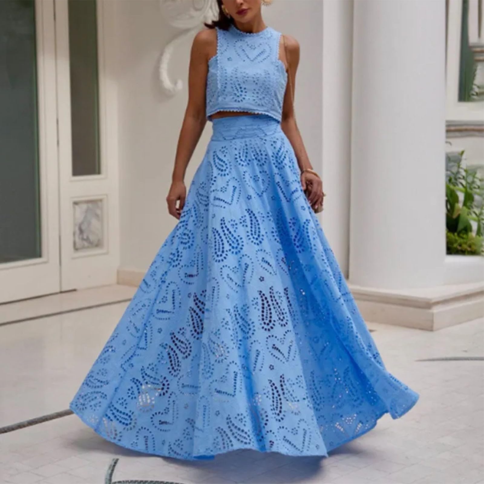 Conjunto de vestido de 2 piezas para mujer, camiseta sin mangas con cordones y falda elástica con cintura elástica, ropa de descanso, elegante vestido largo de dos piezas, ropa de calle, trajes de