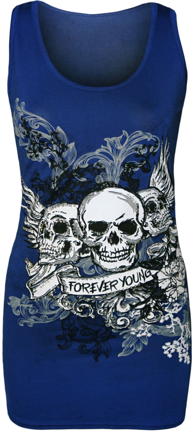 Wearall Women's Blue Skull Forever Young Print Racer Back Sleeveless Vest Top - 12-14
